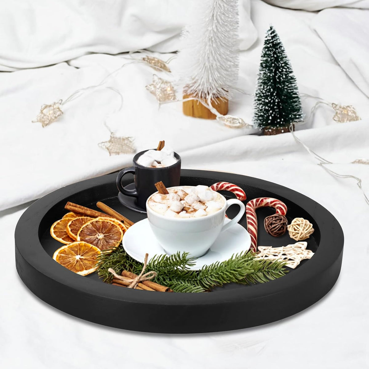 Black Round Wood Decorative Tray for Coffee Dining Table Centerpiece Decor