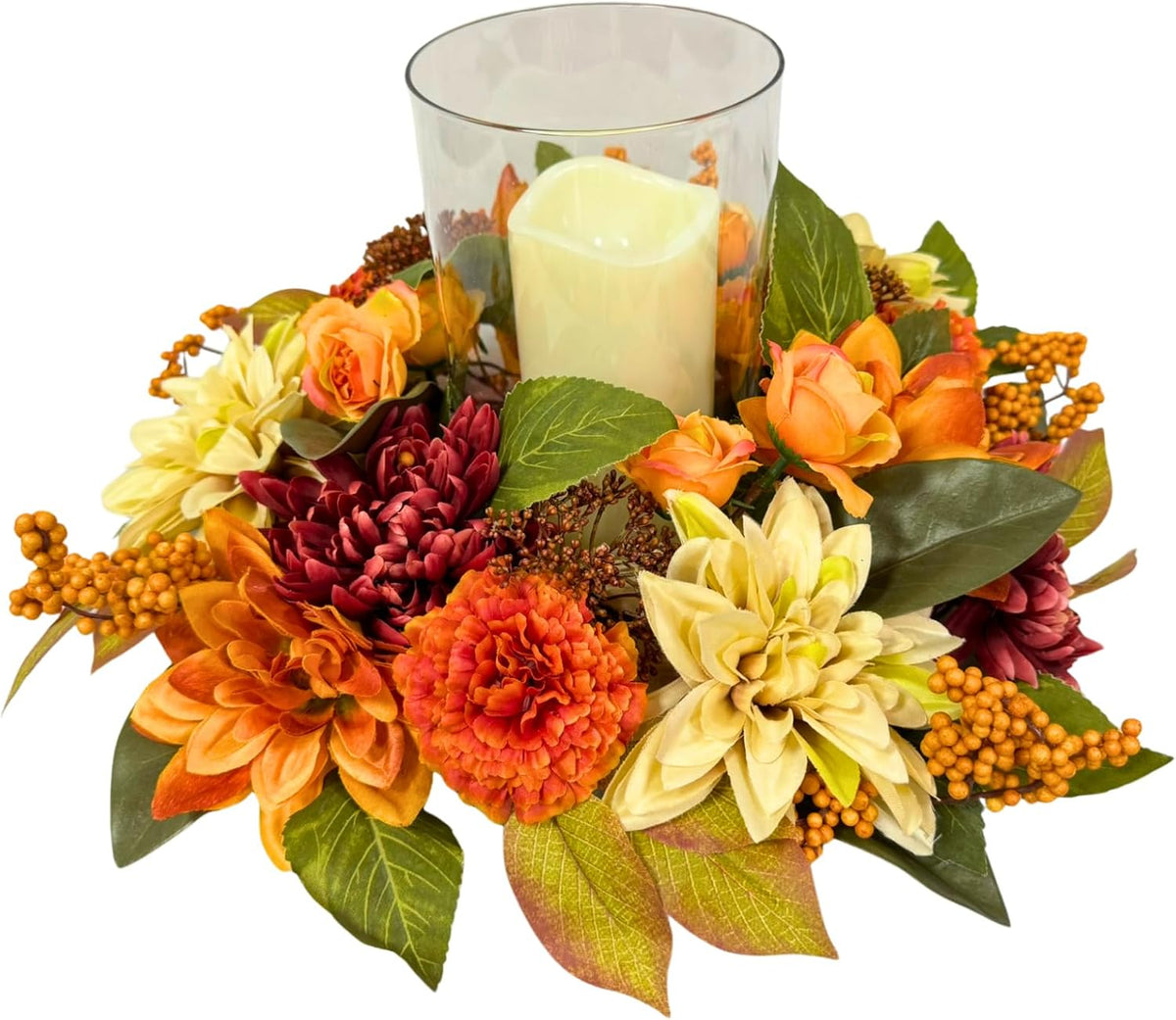 17 Inch Fall Hurricane Candle Holder with Dahlias, Mums and Berries