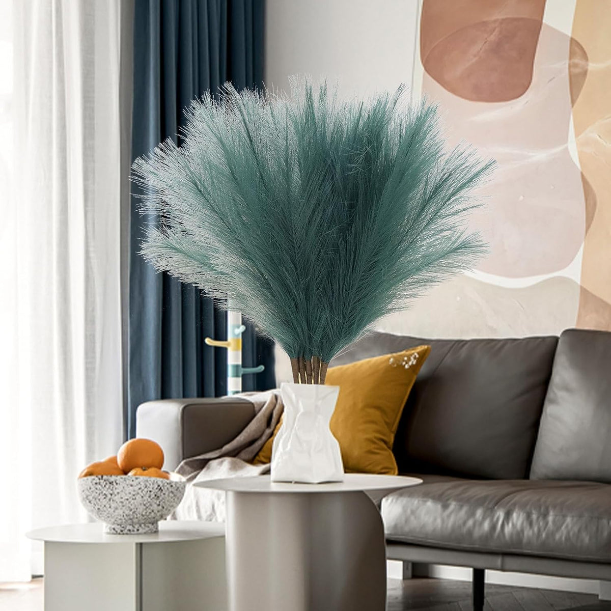 MAKHOT 5 PCS 30" Dark Green Pampas Grass Tall Fluffy, Detachable Faux Bulrush Reed Green Grass for Tall Vase Filler, Artificial Pampas Small Home Vase Decor