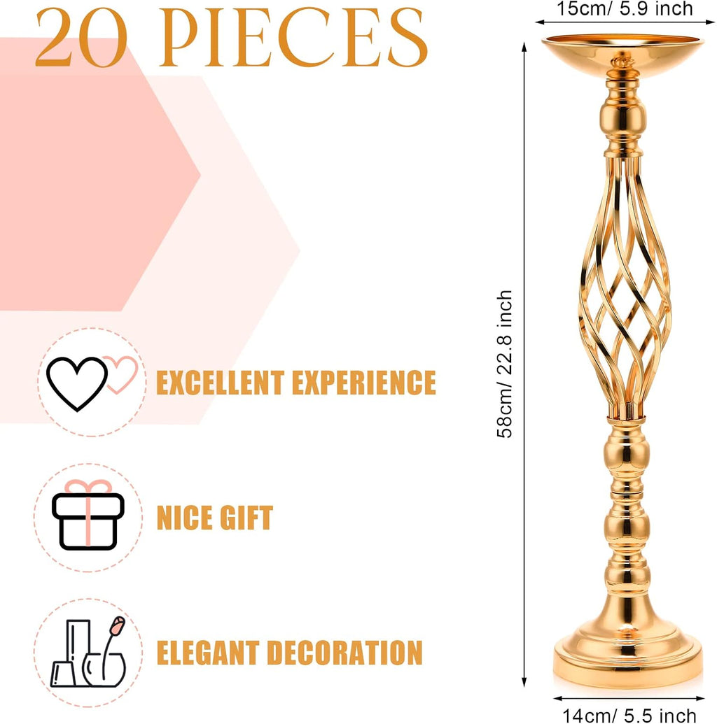 Rtteri 20 Pcs 22.8 Inch High Metal Flower Stand, Wedding Gold Centerpieces for Table, Floral Stand Elegant Vase Holder for Reception Table Decor Party Hotel Home Decor (Gold, Large)