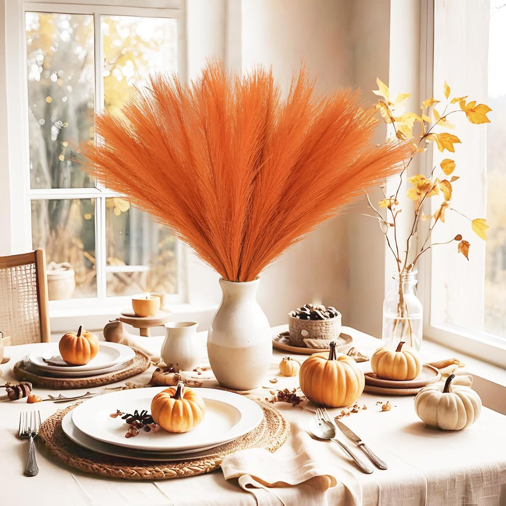 obbsie 50PCS Burnt Orange Faux Pampas Grass Decor, 21.6" Fluffy Vase Filler