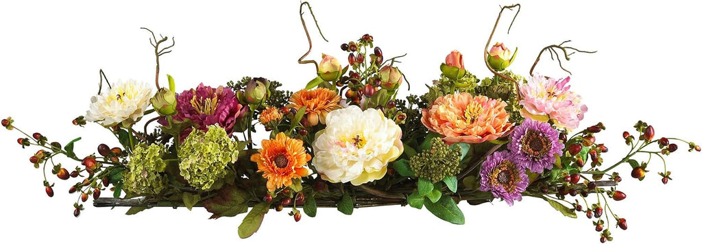 Nearly Natural 4665 Mixed Mini Peony Centerpiece Silk Flower Arrangement,10"D x 34"W x 6.5"H