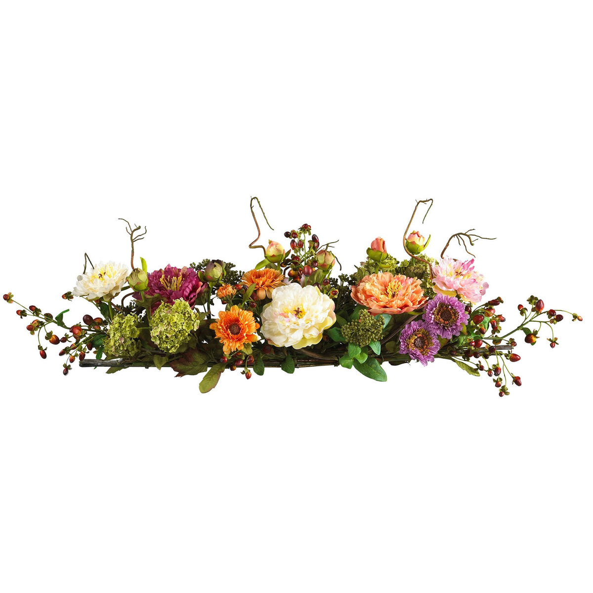 Nearly Natural 4665 Mixed Mini Peony Centerpiece Silk Flower Arrangement,10"D x 34"W x 6.5"H