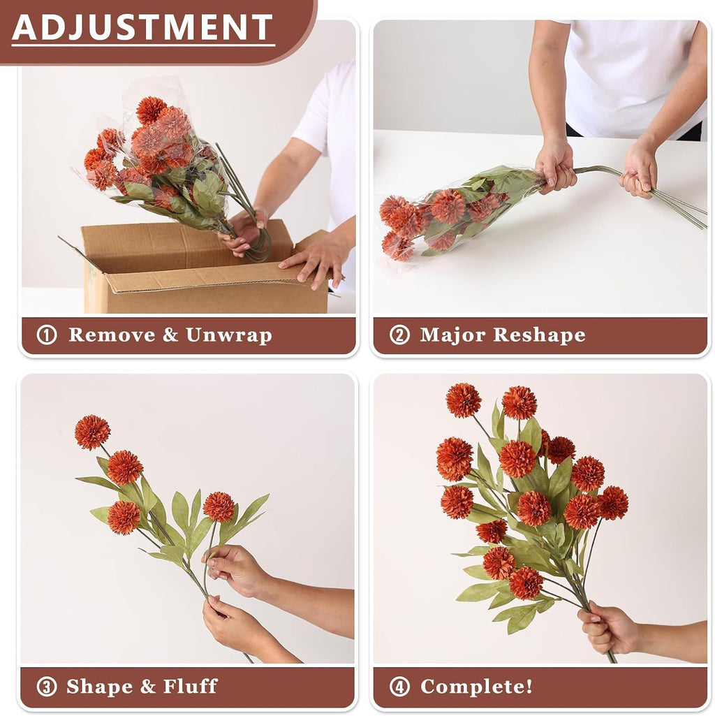 VIERENA 6 Pcs 27" Artificial Fall Pompon Mum Flower Stems for Vase (Orange)