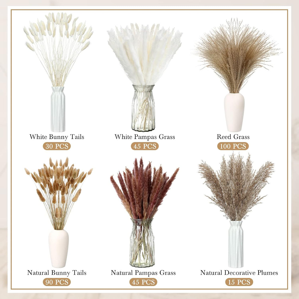 Treela 325 Pcs Dried Pampas Grass 17 Inch Bunny Tails Reed Plumes