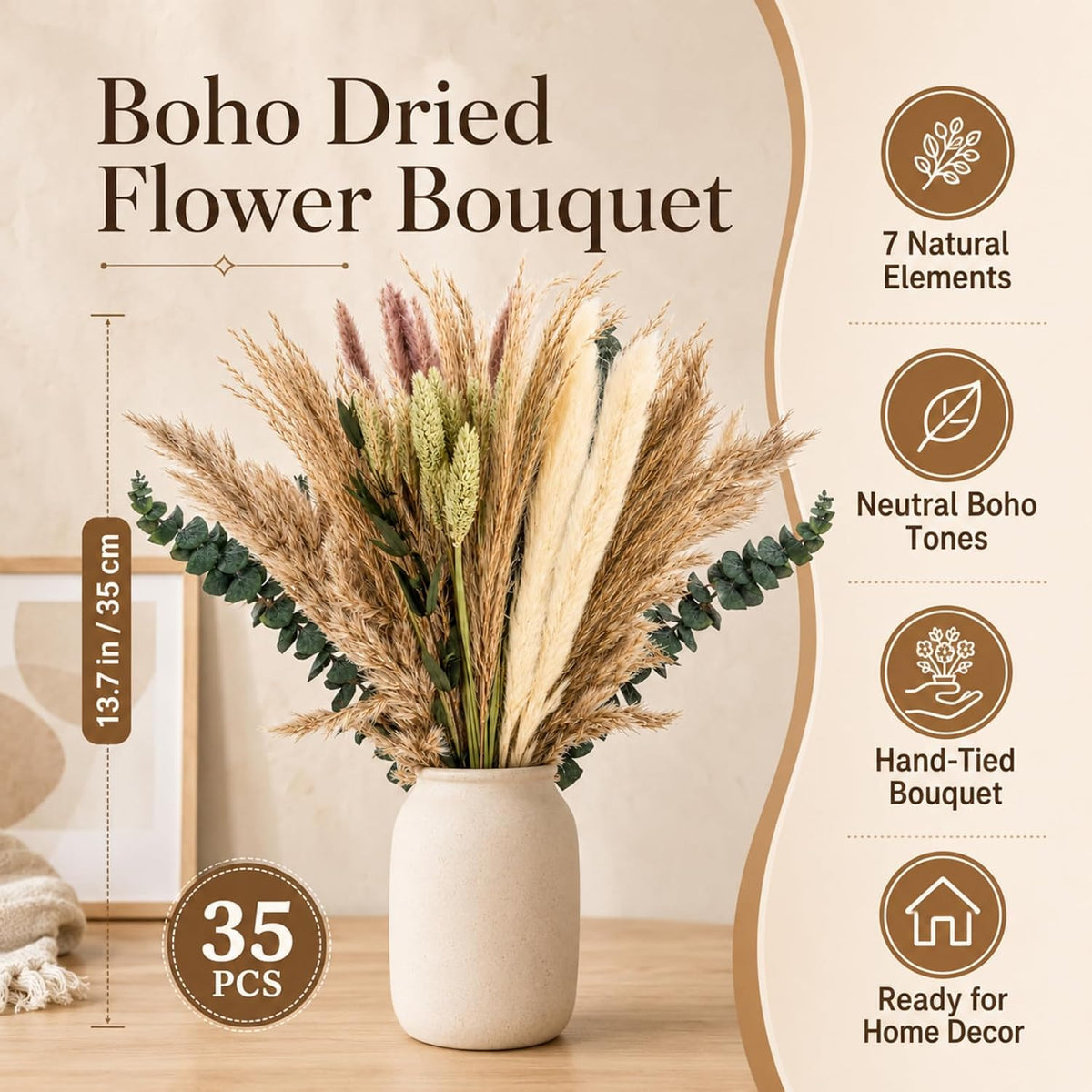 RAINFLOW 35PCS Dried Pampas Grass Decor - 7 Varieties Small Dried Flower