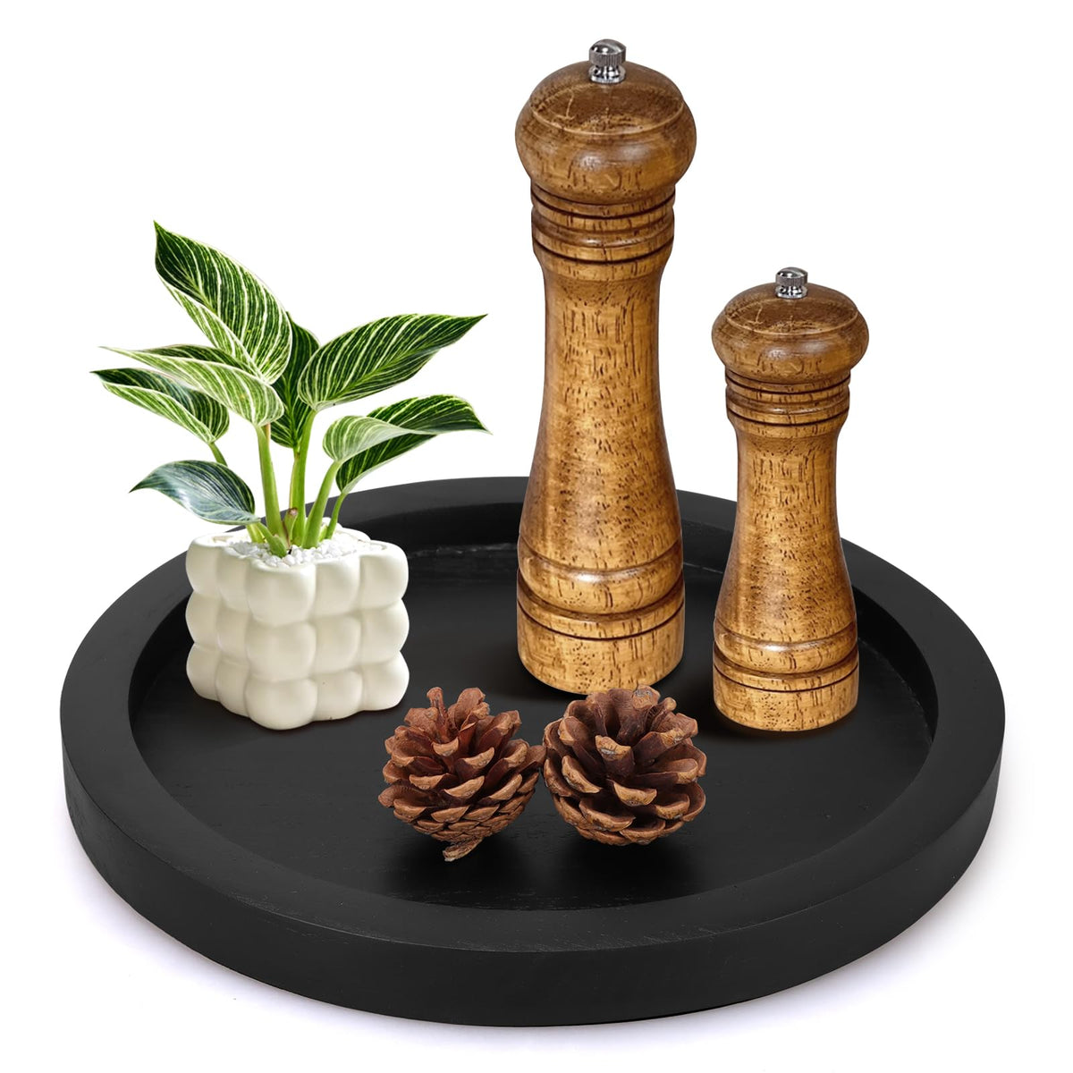 Black Round Wood Decorative Tray for Coffee Dining Table Centerpiece Decor