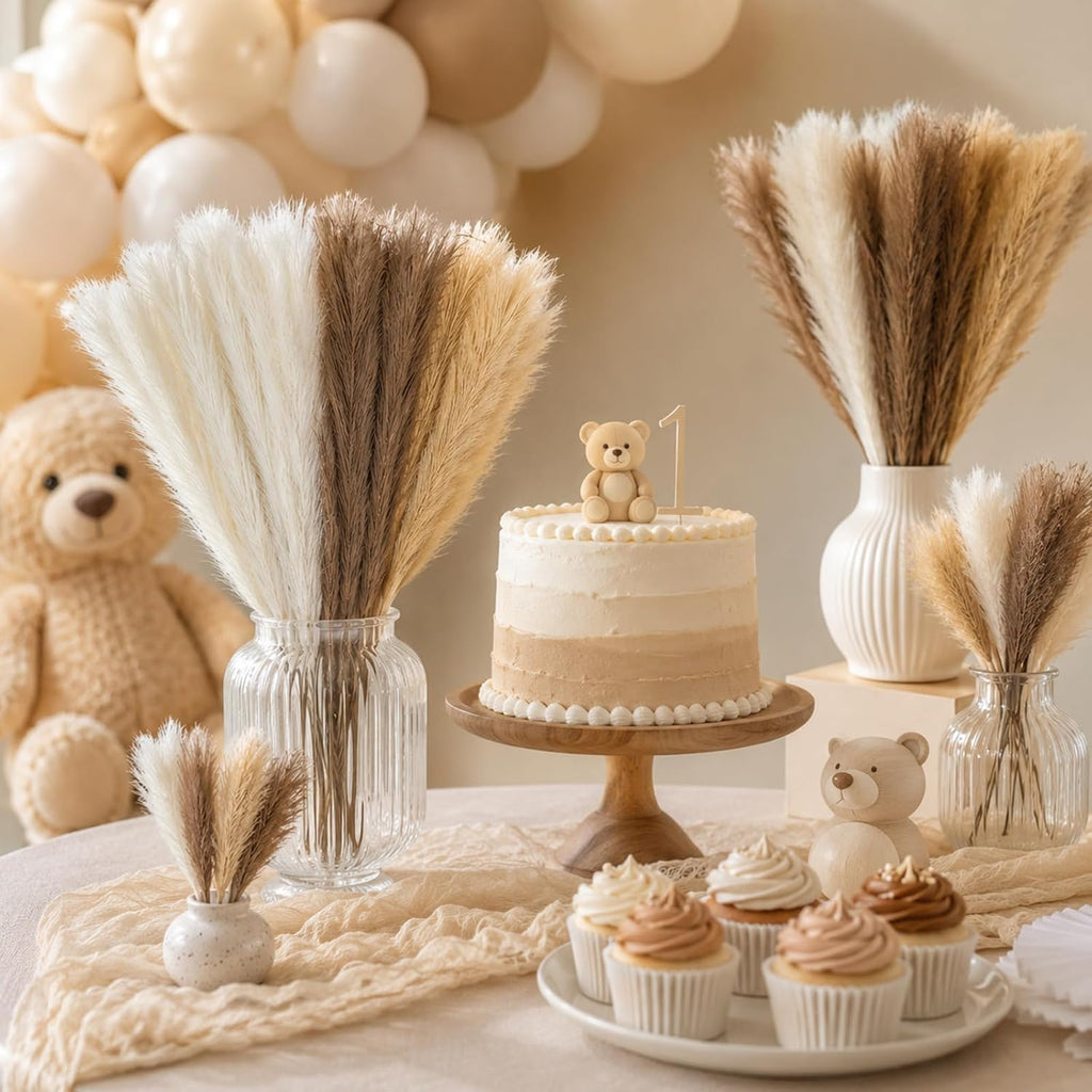 60Pcs 21.7" Artificial Small Pampas Grass Faux Flower Vase Filler Fluffy Faux Short Pampas Grass for Home Wedding Centerpieces Boho Decorations (Iovy & Beige Yellow & Brown)