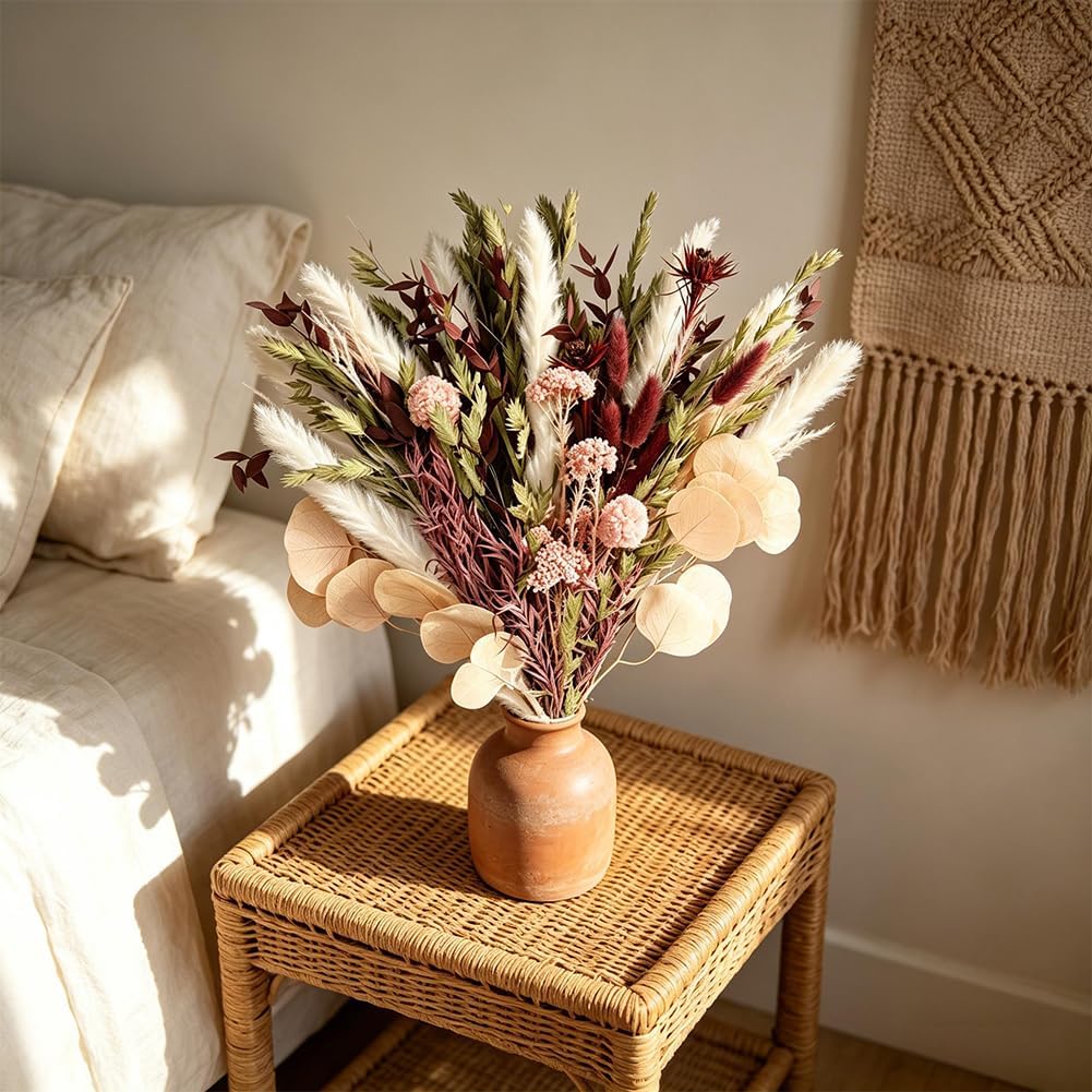 Blush Pink & Burgundy Dried Flower Bouquet, Cream Pampas Grass with Sage Green & Eucalyptus, Boho Dried Flowers for Wedding, Home Décor