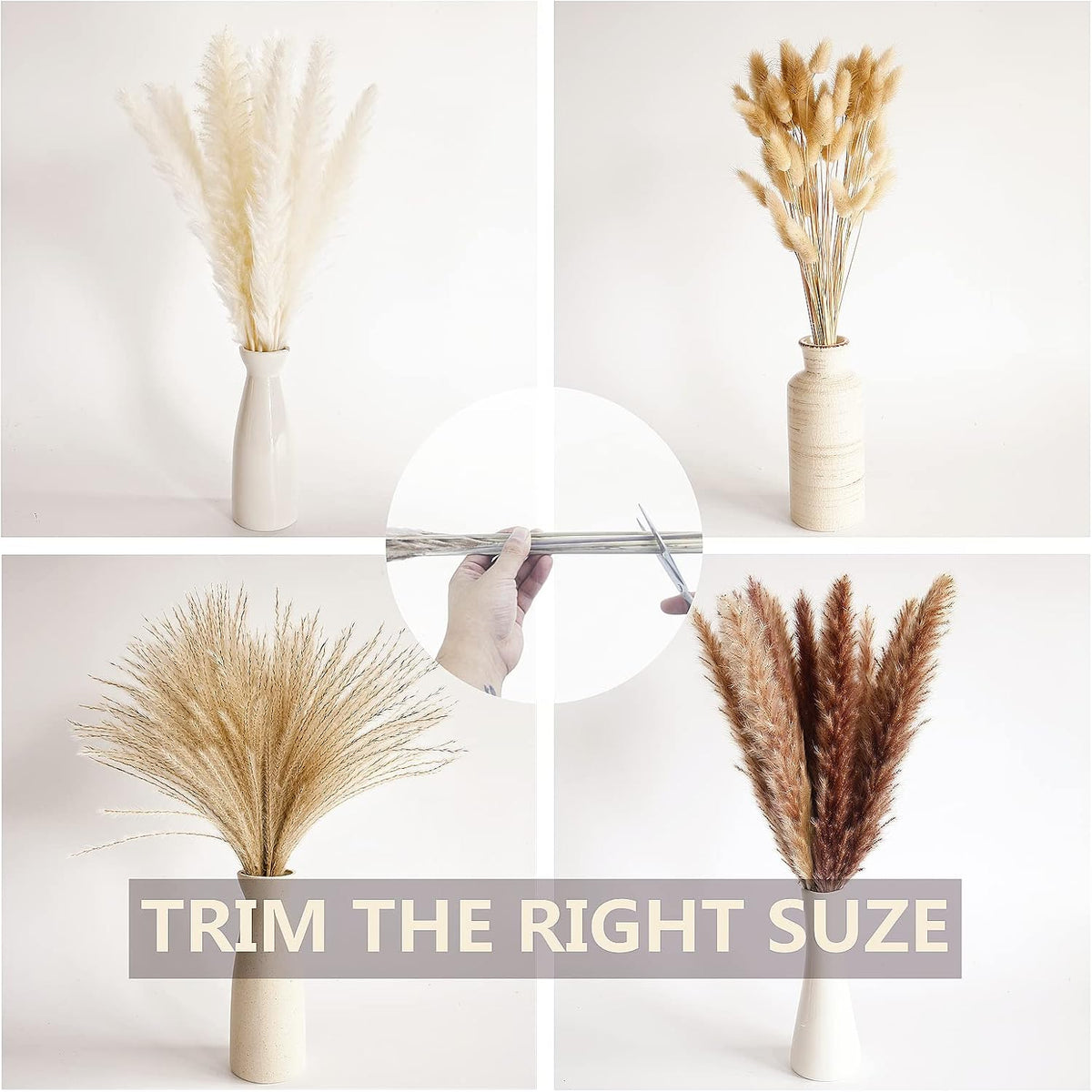 100 PCS Small Boho Pampas Grass, 17" Naturally Dried Pompas, Pampas Grass Decor for Wedding , Boho Party Decorations, Table Decor（Brown and White）