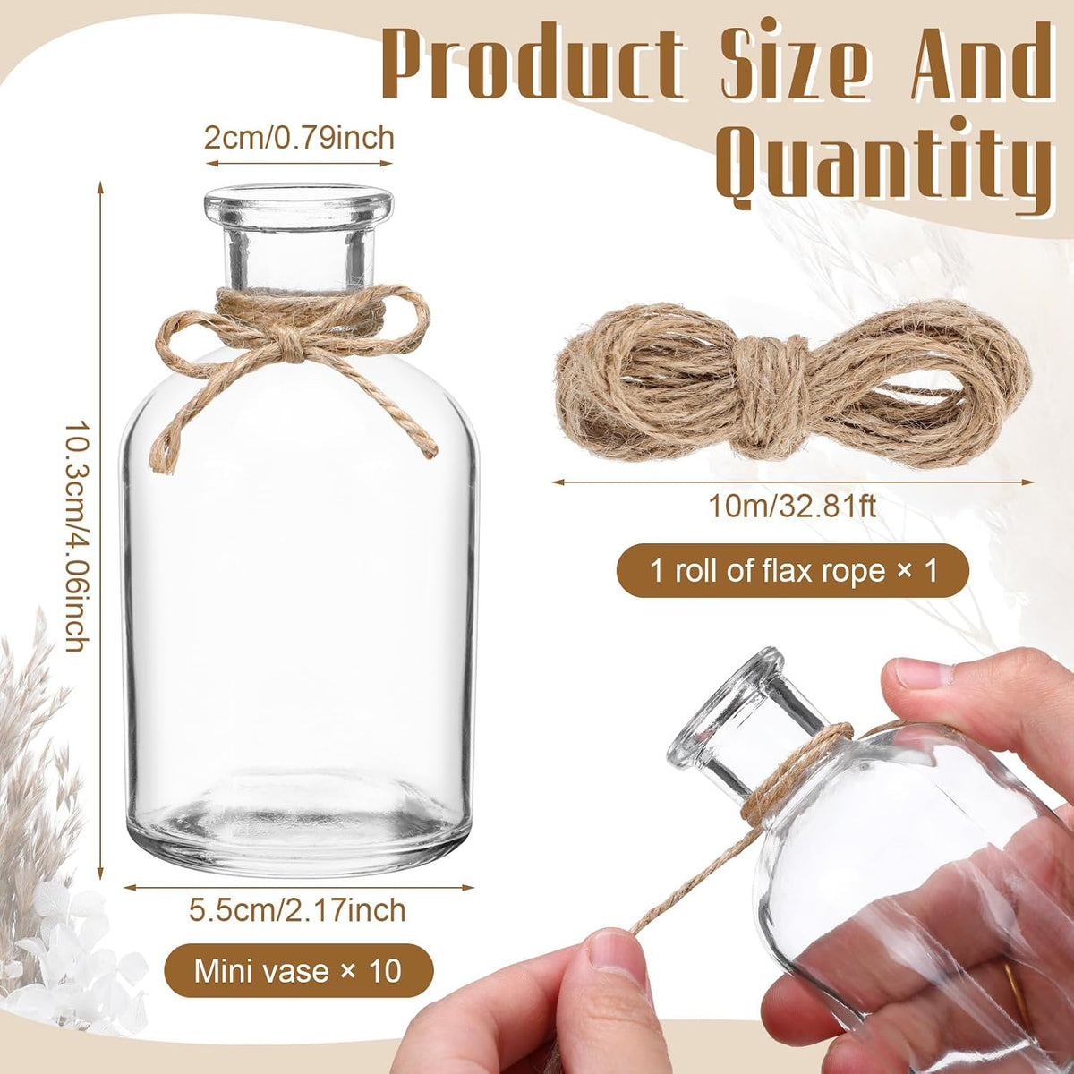 Nuanchu 10 Pcs Dried Pampas Grass Centerpiece with 10 Glass Vase, Rope