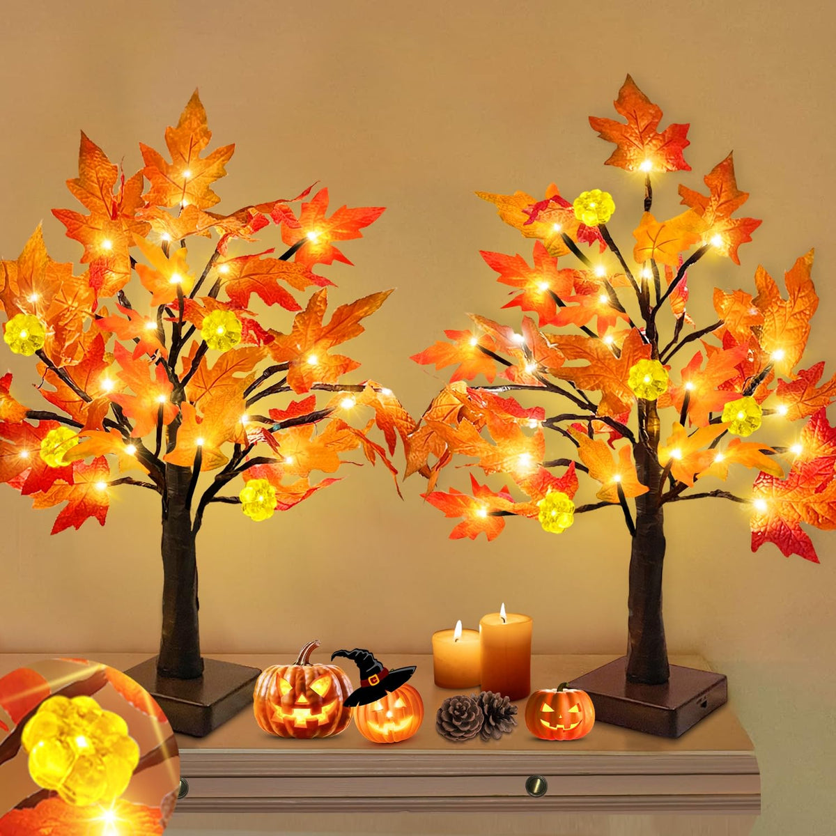 TURNMEON Fall Decor 2 Pack 24 Inch Prelit Fall Maple Tree 48 LEDs Timer