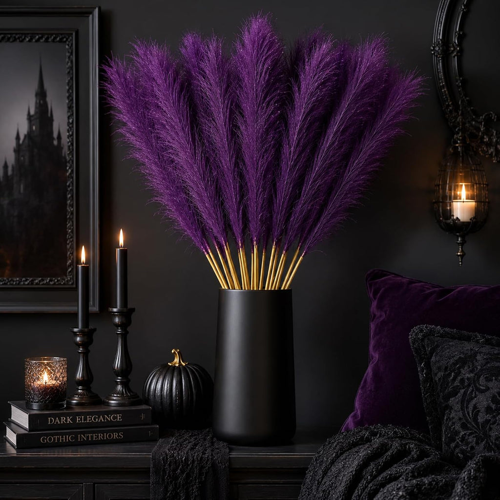 30 Pcs Pampas Grass Stems 21.7 Inches Fake Pampas Grass Artificial Flower Vase Filler for Boho Home Wedding Living Room Bathroom Wall Party Decor (Purple)
