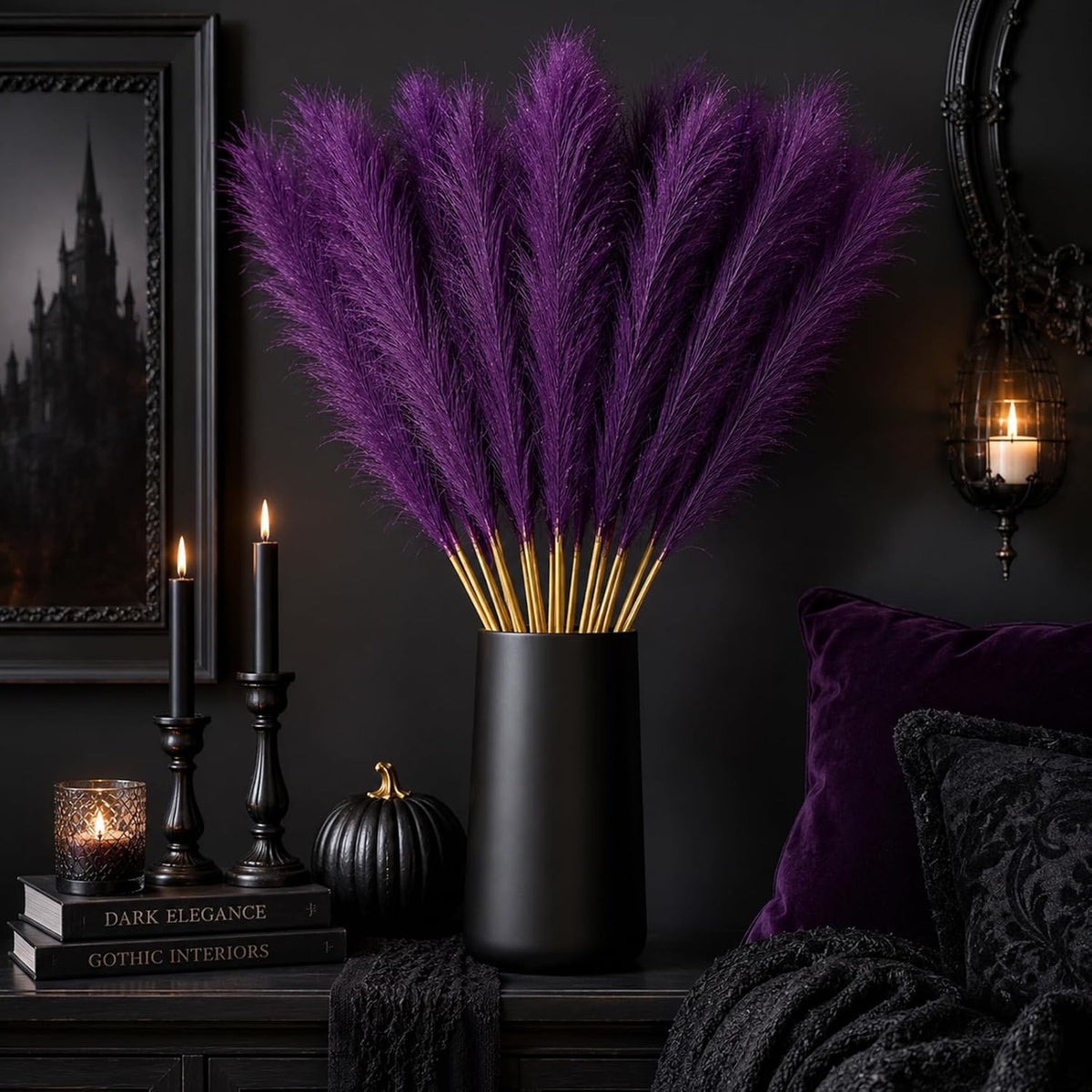 30 Pcs Pampas Grass Stems 21.7 Inches Fake Pampas Grass Artificial Flower Vase Filler for Boho Home Wedding Living Room Bathroom Wall Party Decor (Purple)