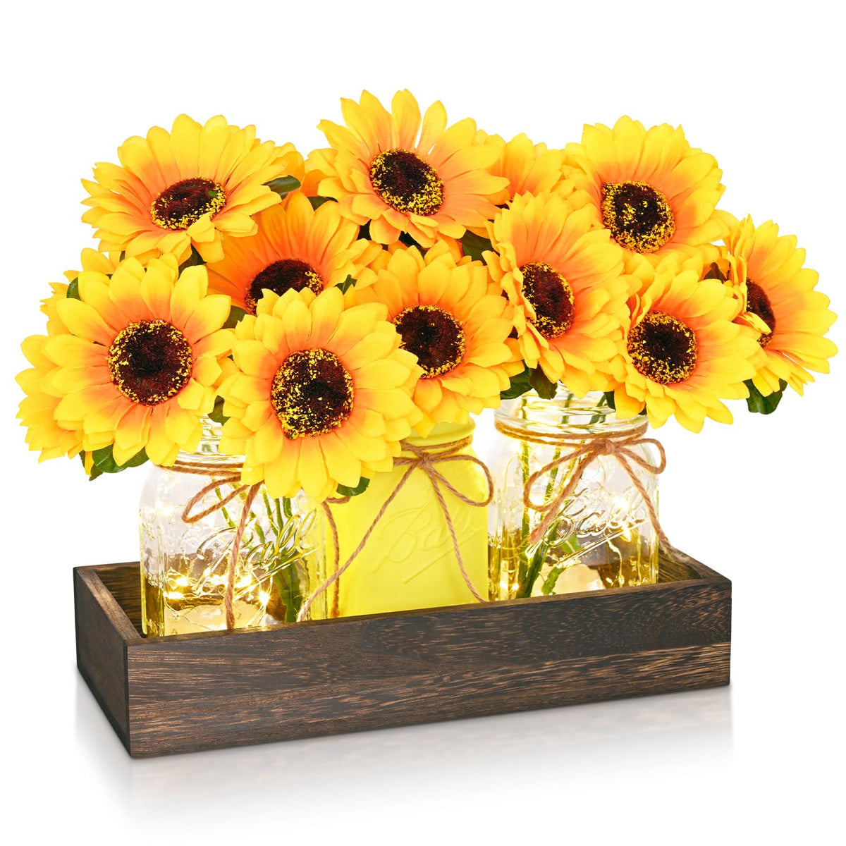 BLEUM CADE 3Pcs Mason Jar with Artificial Roses Flowers Wood Tray and Light