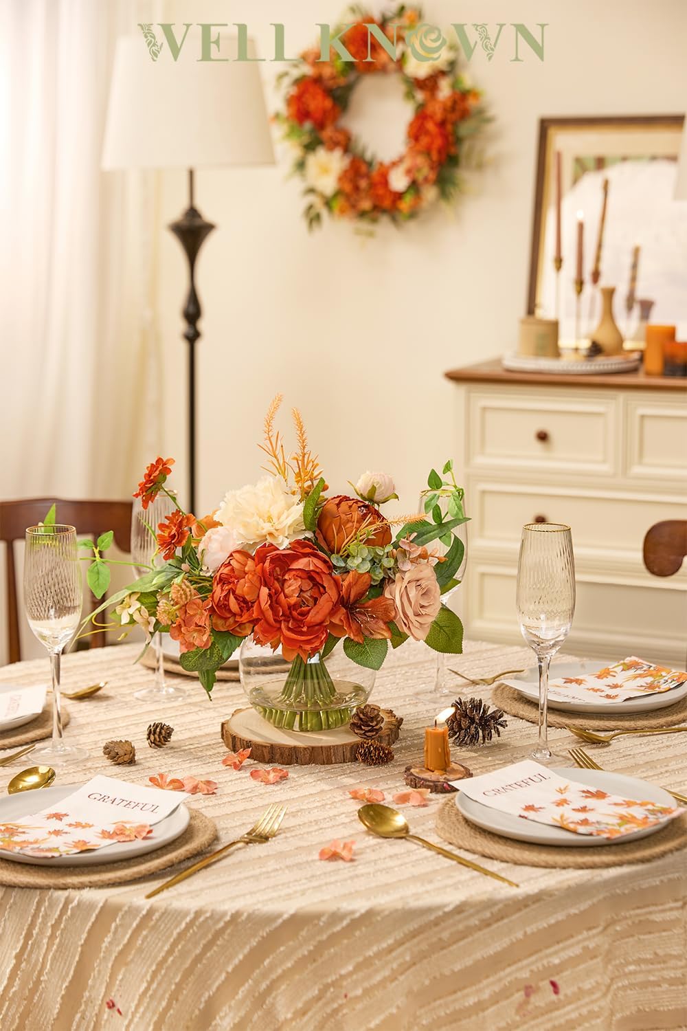 WELL KNOWN Artificial Flowers in Vase, Burnt Orange & Champagne Plus