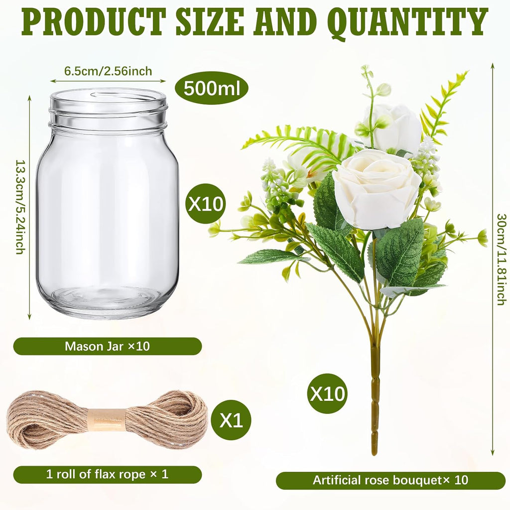 XunYee 10 Set Mason Jars for Centerpieces,White,Rose