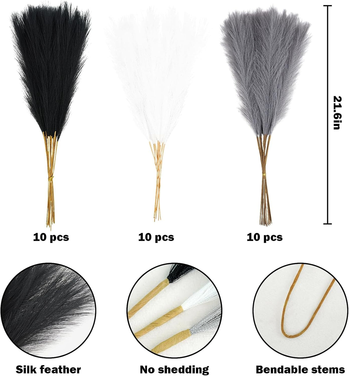 Agusbagli 30pcs Black Faux Pampas Grass Tall, 21.6in Artificial Colored Pompas Grass Short Fluffy Fake Pampas Stems Vase Filler Flower Arrangement for Home Wedding Centerpieces Boho Decor