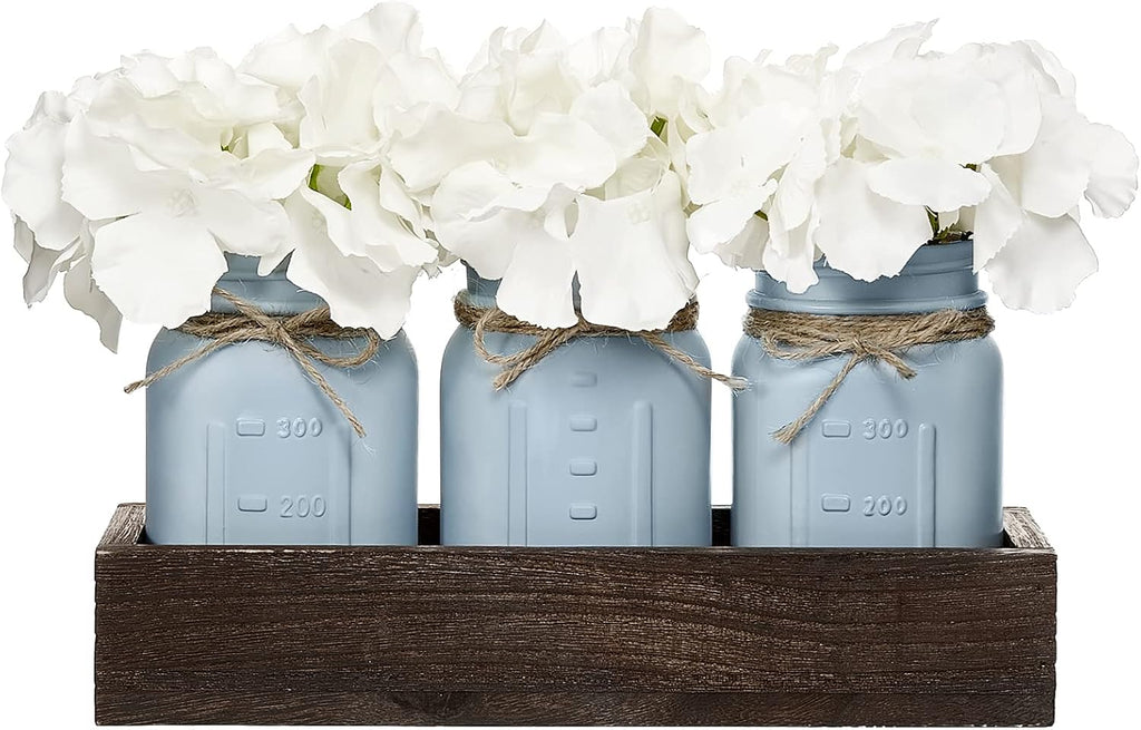 Mkono Mason Jar Centerpiece with Wood Tray Farmhouse Coffee Table Decor