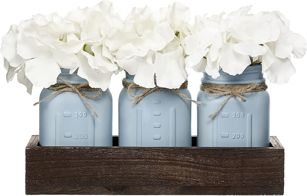 Mkono Mason Jar Centerpiece with Wood Tray Farmhouse Coffee Table Decor