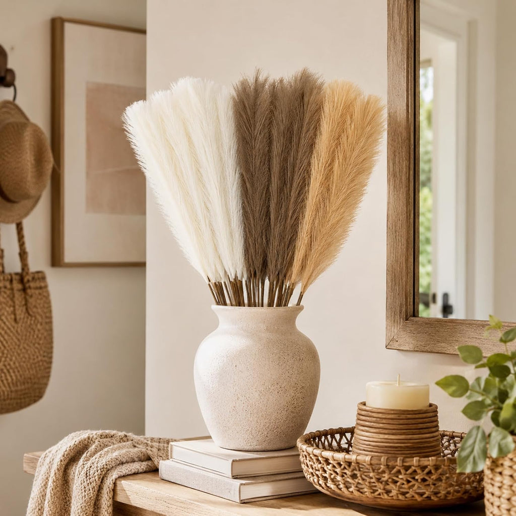 60Pcs 21.7" Artificial Small Pampas Grass Faux Flower Vase Filler Fluffy Faux Short Pampas Grass for Home Wedding Centerpieces Boho Decorations (Iovy & Beige Yellow & Brown)