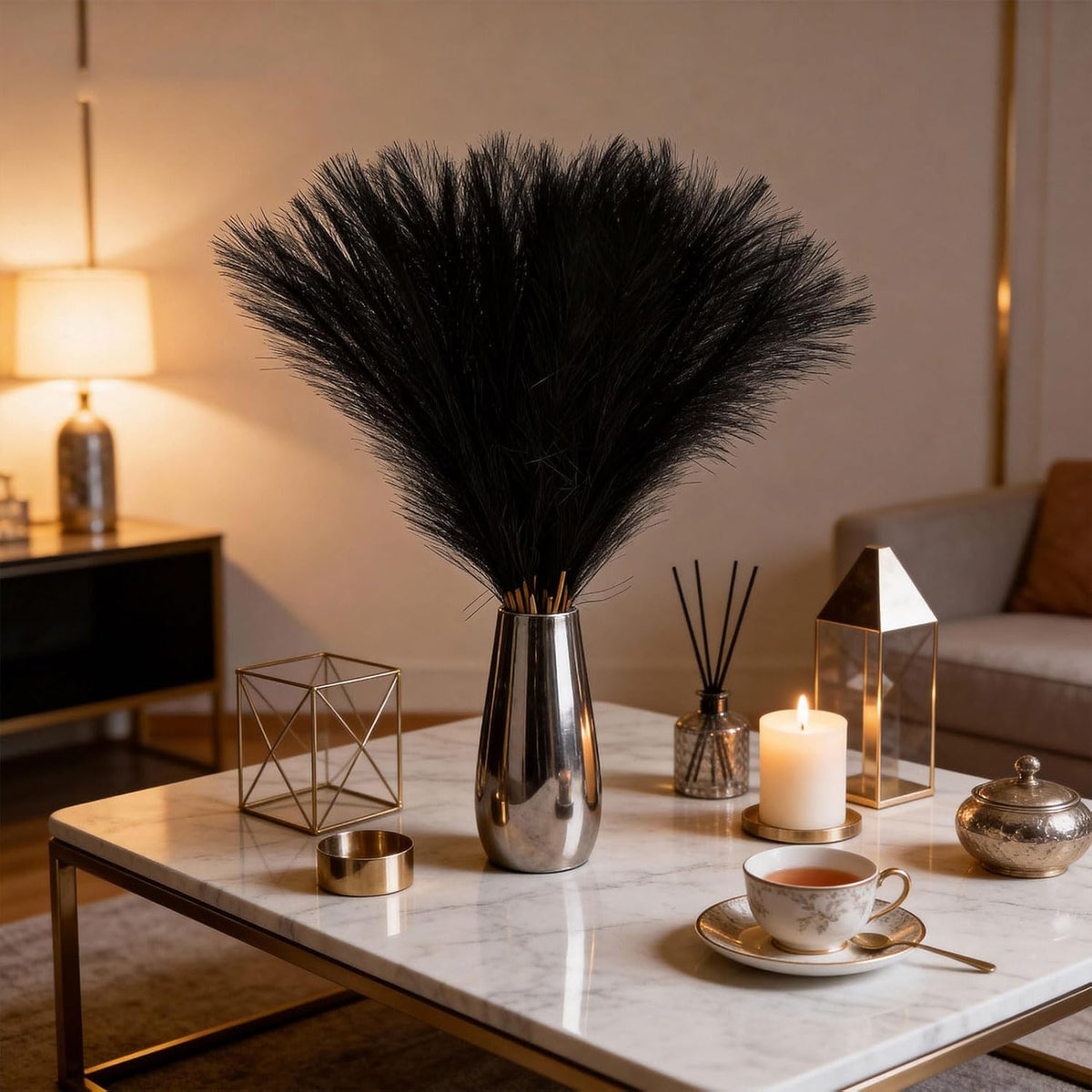 50pcs Black Pampas Grass 21.6 Inch Non-Shedding Faux Pampas for Gothic Home, Moody Boho, Halloween and Modern Wedding Decor
