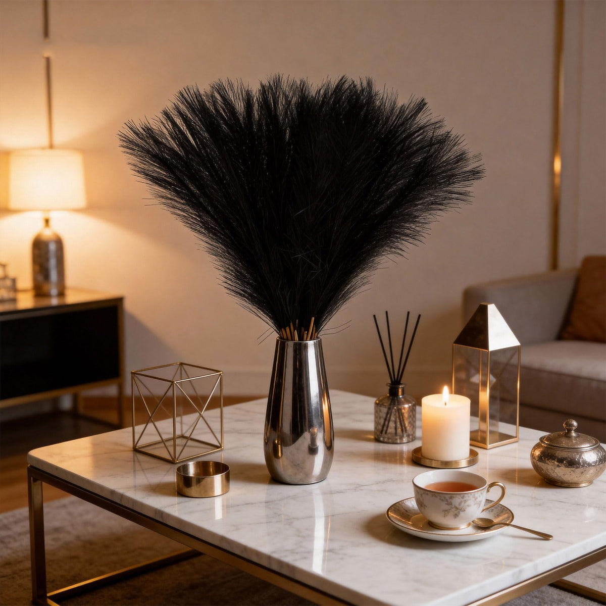 50pcs Black Pampas Grass 21.6 Inch Non-Shedding Faux Pampas for Gothic Home, Moody Boho, Halloween and Modern Wedding Decor