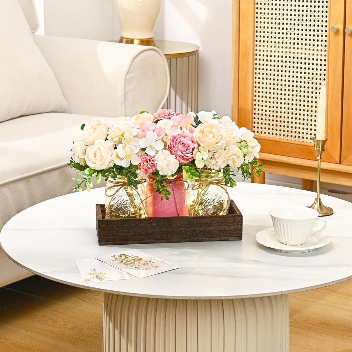 BLEUM CADE 3Pcs Mason Jar with Artificial Roses Flowers Wood Tray and Light