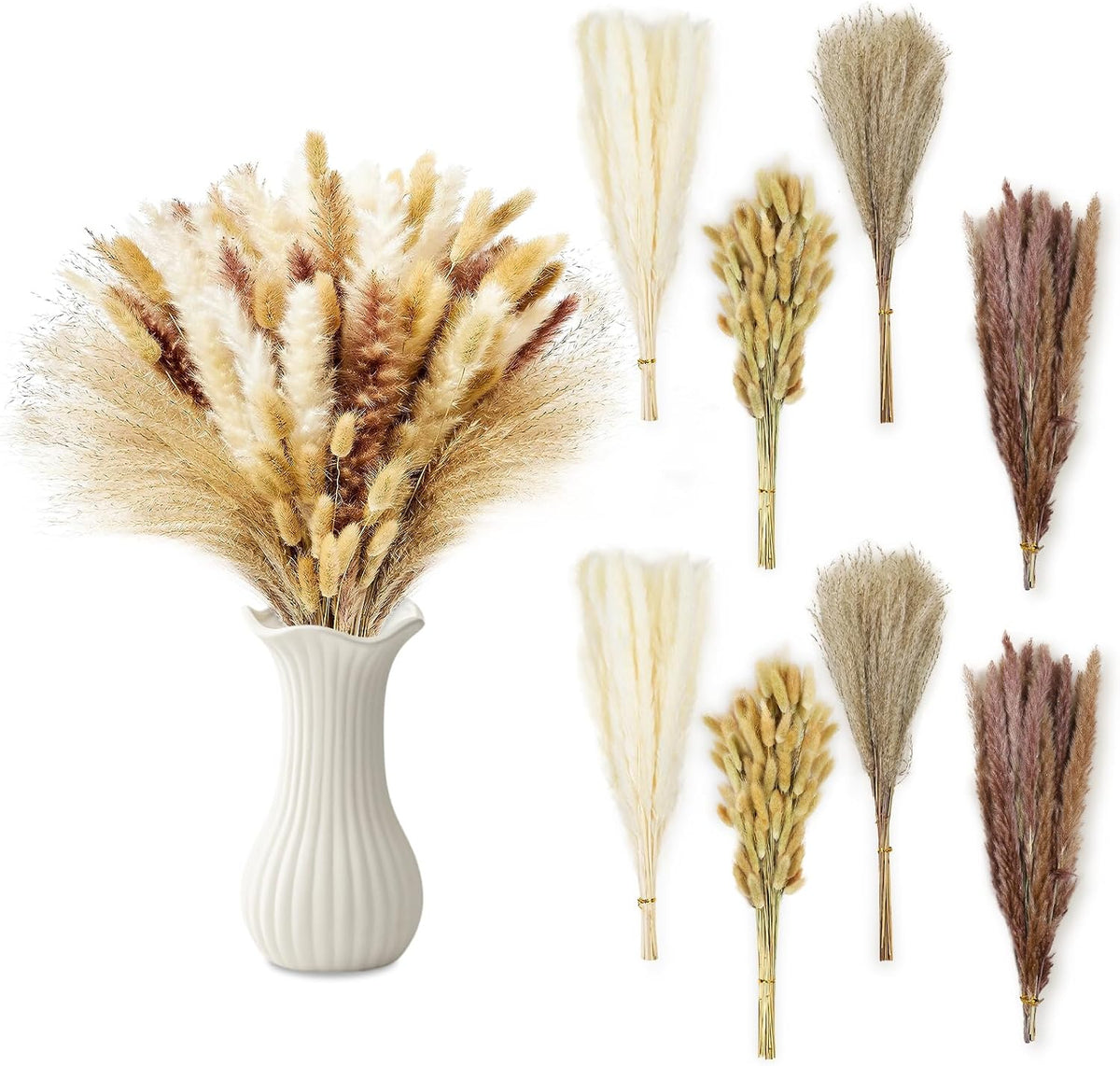 Le courant 17" Dried Pampas Grass Decor, Naturally Small Boho Pampas Grass with Bunny Tails & Reed Grass for Home Table Decor, Wedding, Rustic Farmhouse Party Decorations, White and Brown (200pc)