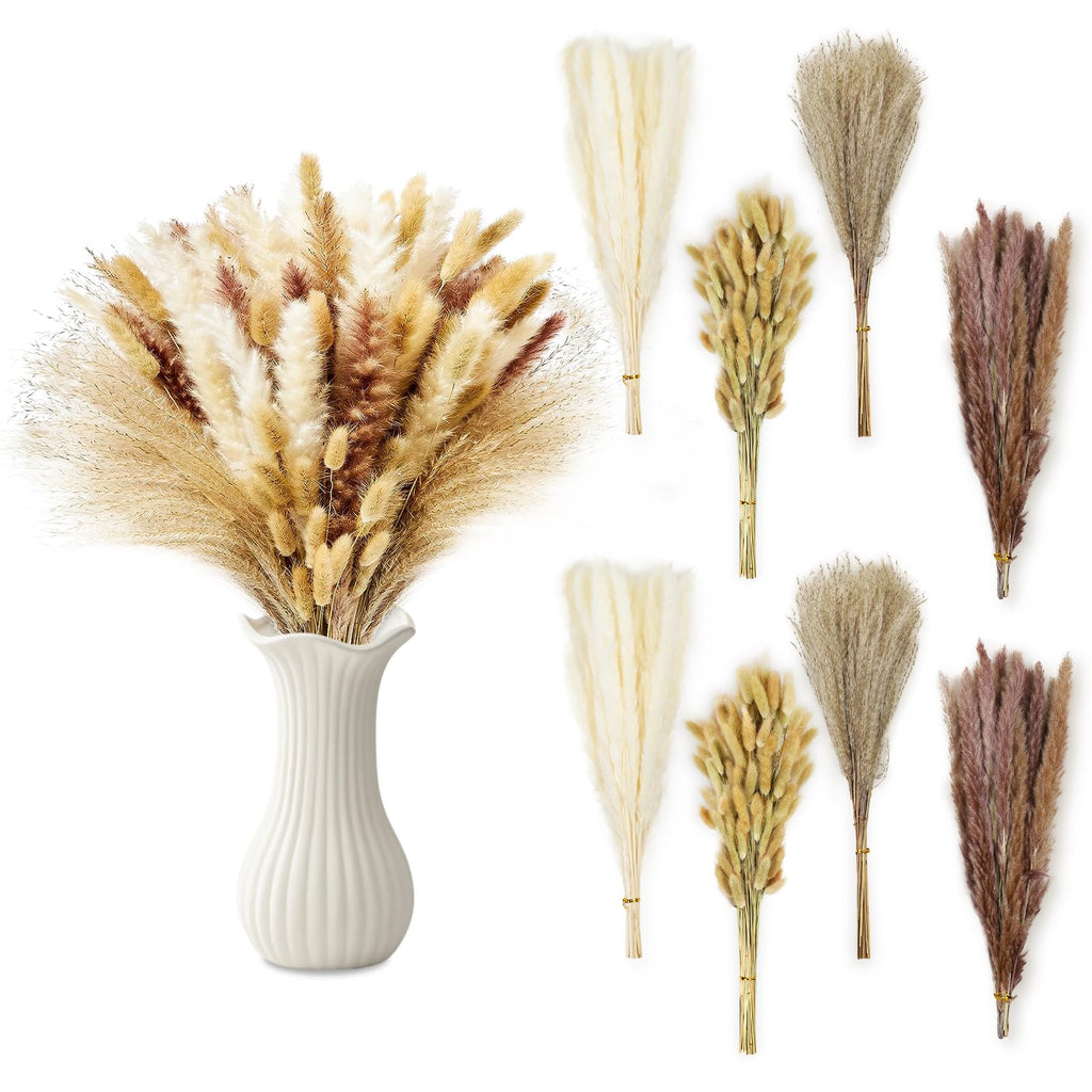 Le courant 17" Dried Pampas Grass Decor, Naturally Small Boho Pampas Grass with Bunny Tails & Reed Grass for Home Table Decor, Wedding, Rustic Farmhouse Party Decorations, White and Brown (200pc)