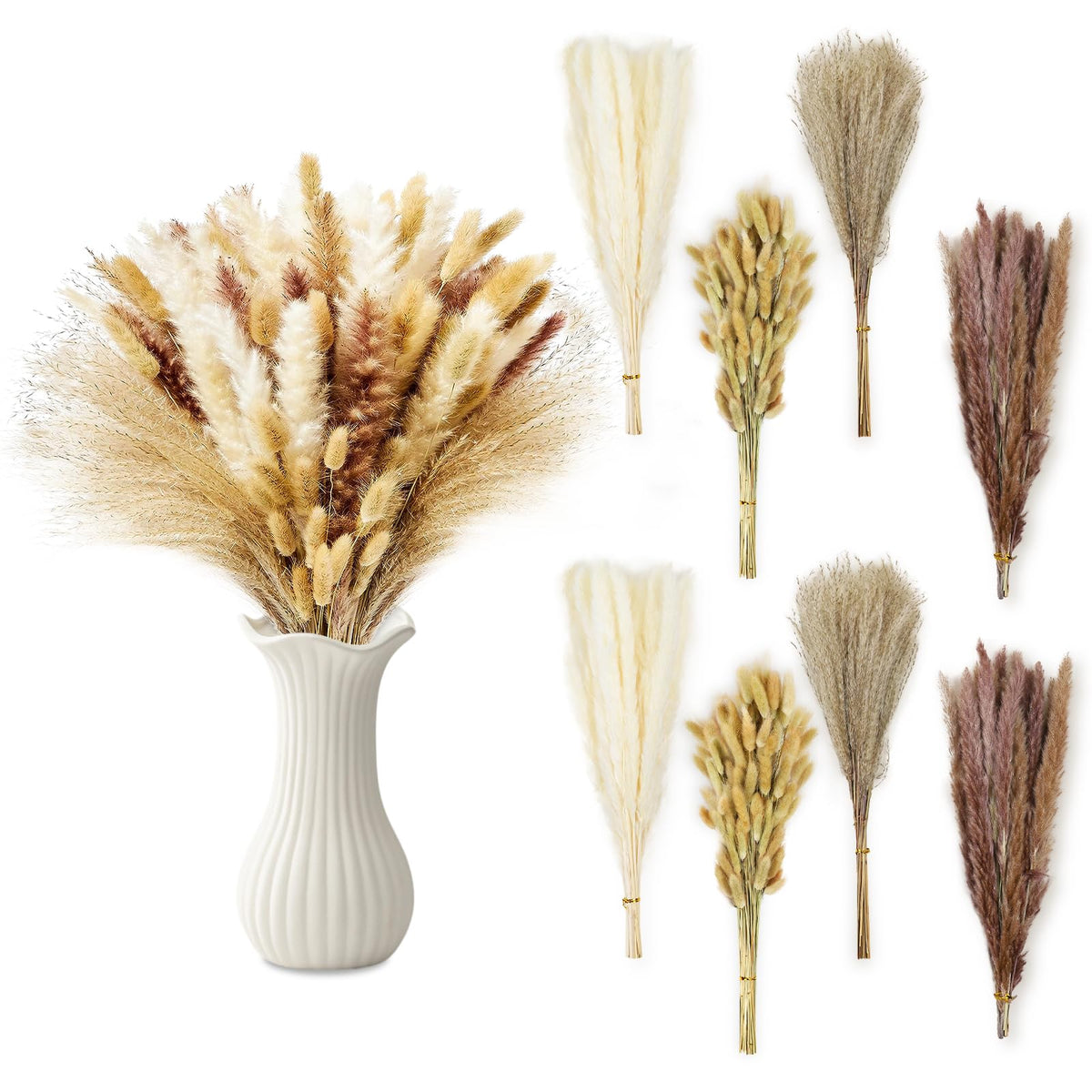 Le courant 17" Dried Pampas Grass Decor, Naturally Small Boho Pampas Grass with Bunny Tails & Reed Grass for Home Table Decor, Wedding, Rustic Farmhouse Party Decorations, White and Brown (200pc)