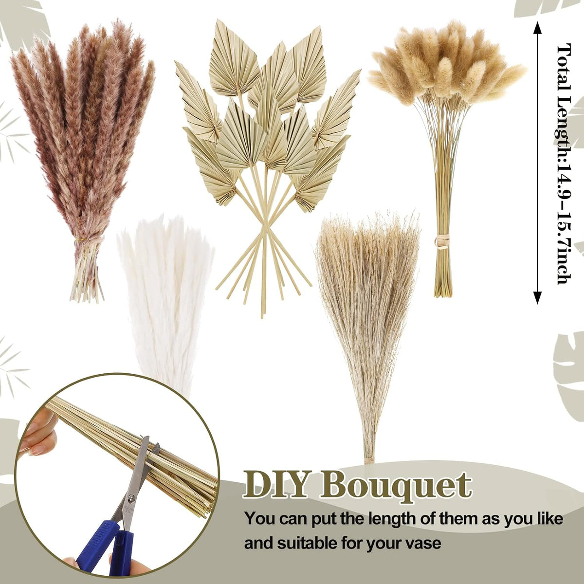 110 Pieces Dried Pampas Grass Decor Bulk, Dried Palm Spears Bunny Tails Pampas Reed Grass Dried Palm Leaves Dried Flower Bouquet for Wedding Boho Home Decor