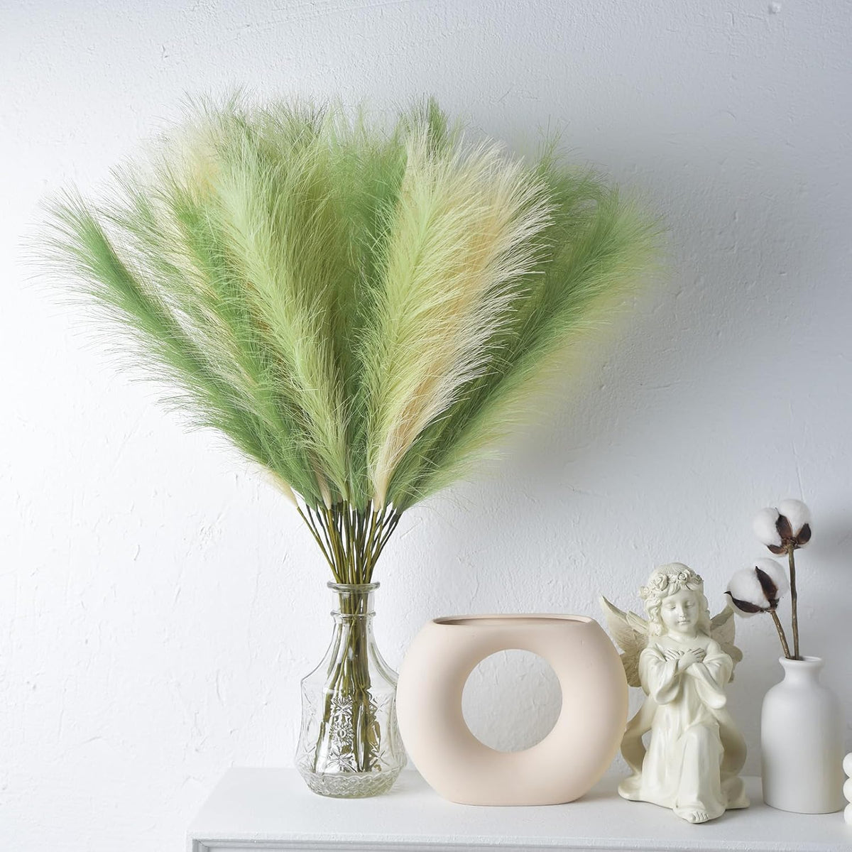 LSKYTOP Green Pampas Grass Decor,23Inch 12pcs Faux Pampas Grass Bouquets Artificial Pampas Fake Pampas Flower for Home Living Room Bedroom Vase Decor