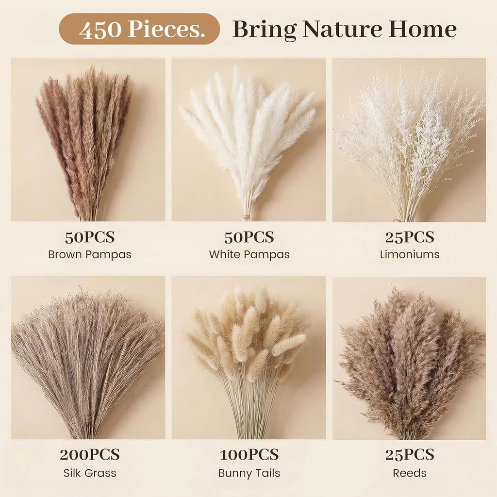 JOHOUSE 450PCS Natural Dried Pampas Grass Decor