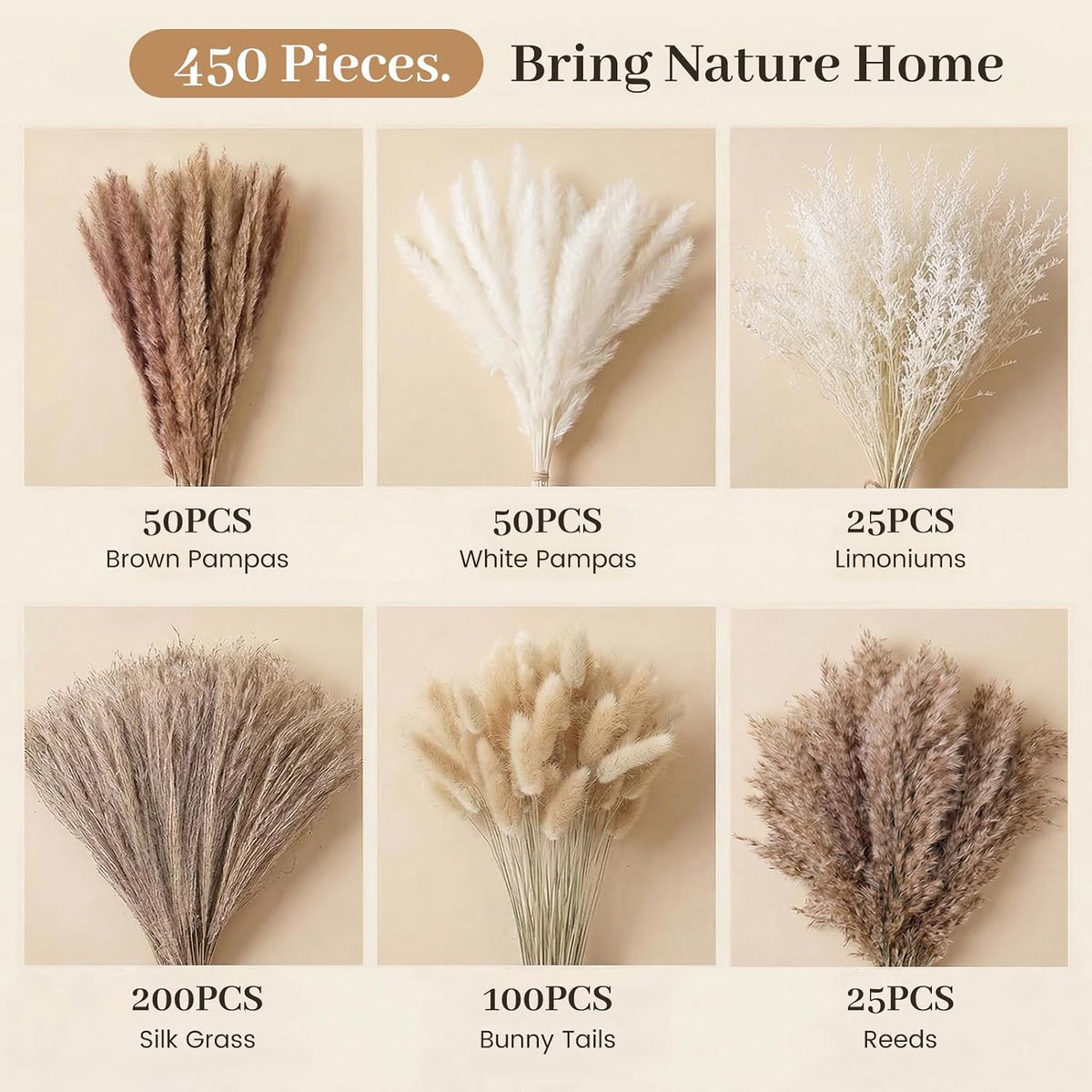JOHOUSE 450PCS Natural Dried Pampas Grass Decor