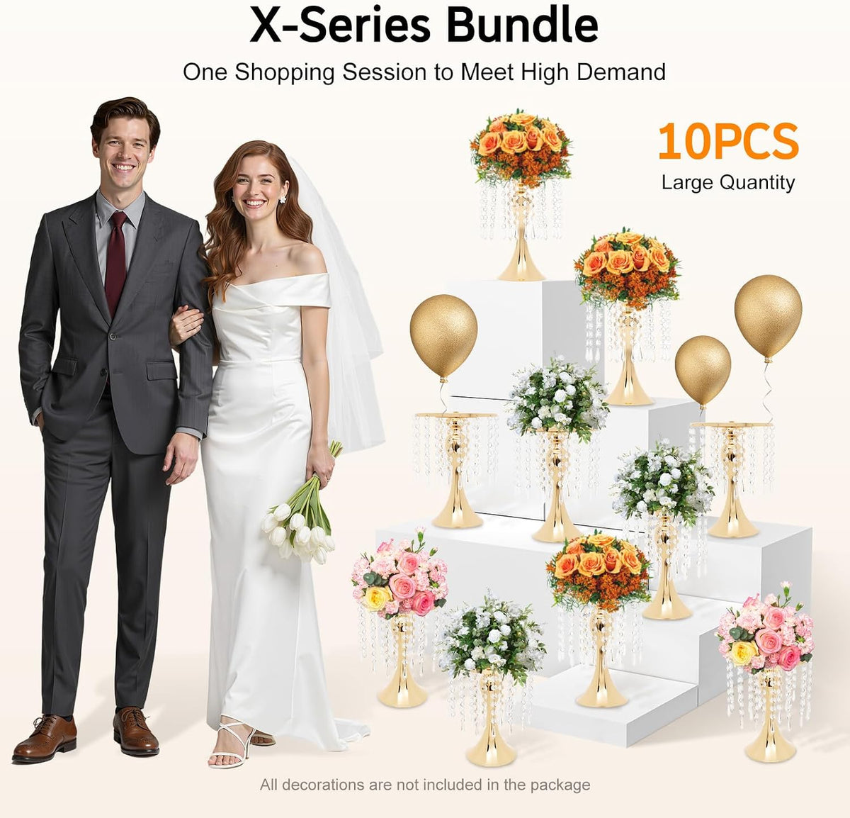 OUKANING 10 Pcs Gold Vases Wedding Centerpieces Flower Stand Table Decor w/Crystal Beads, 11.2 inches Versatile Metal Flower Stands for Anniversary Celebration/Wedding/Party/Birthday Event