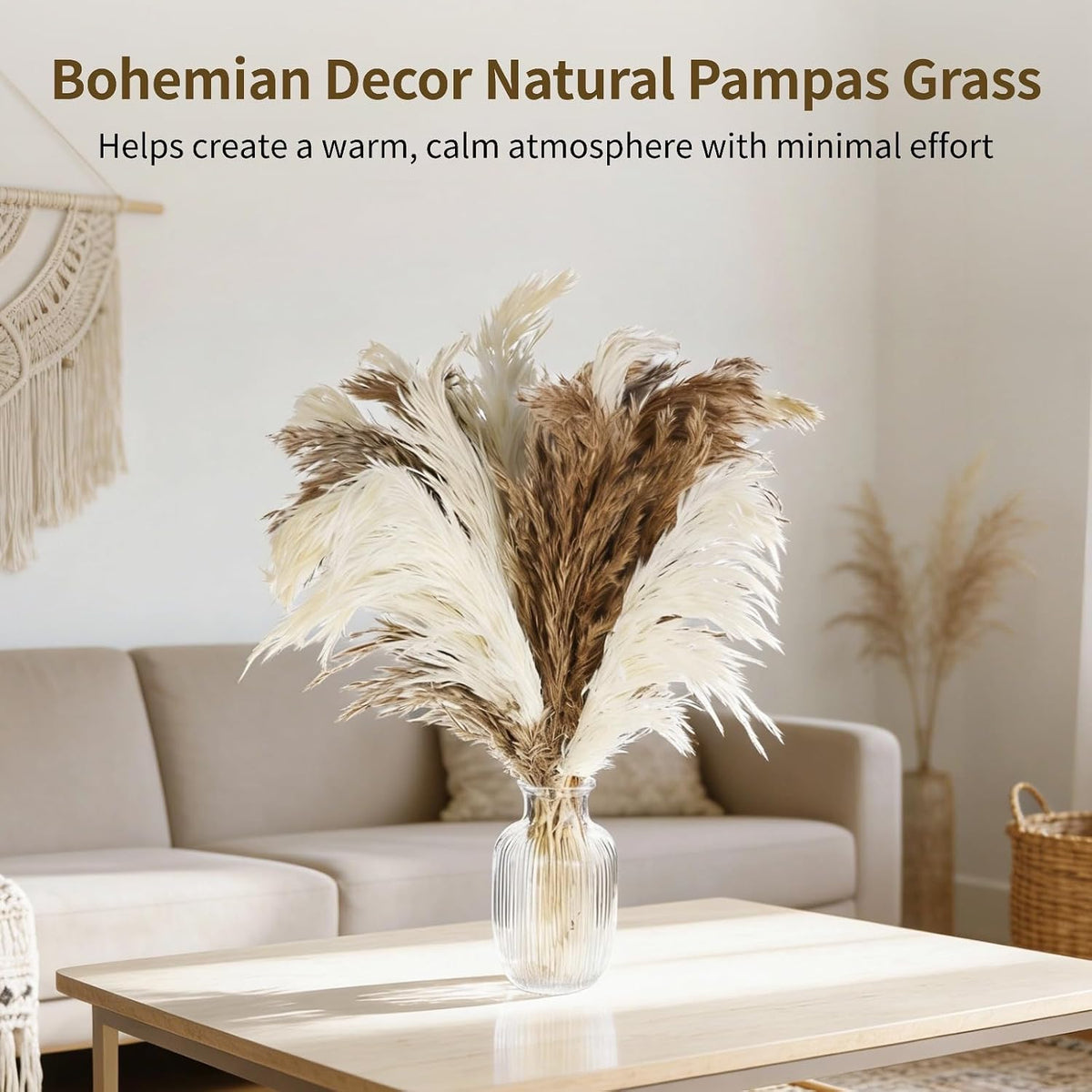 60 PCS Natural Dried Pampas Grass, Fluffy Pompas Grass Stems Mixed Tones, 18 in Bohemian Decor Arrangement for Living Room Accents, Coffee Table Display, Bedroom Vase Decoration