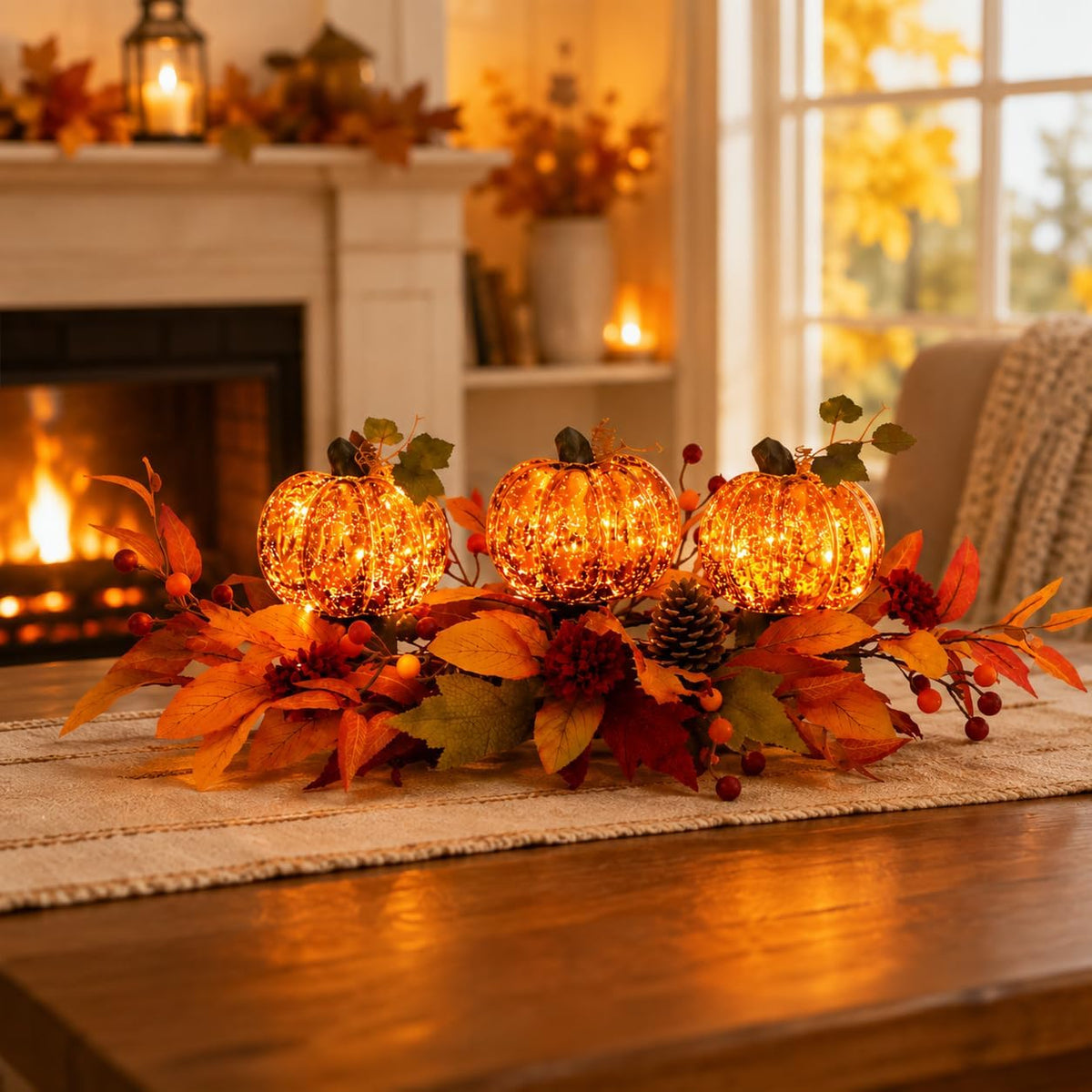 LED Lighted Pumpkin Fall Centerpiece with Maple Leaves, Berries & Pinecones - Battery Operated Thanksgiving Table Decor for Home, Mantel, or Dining