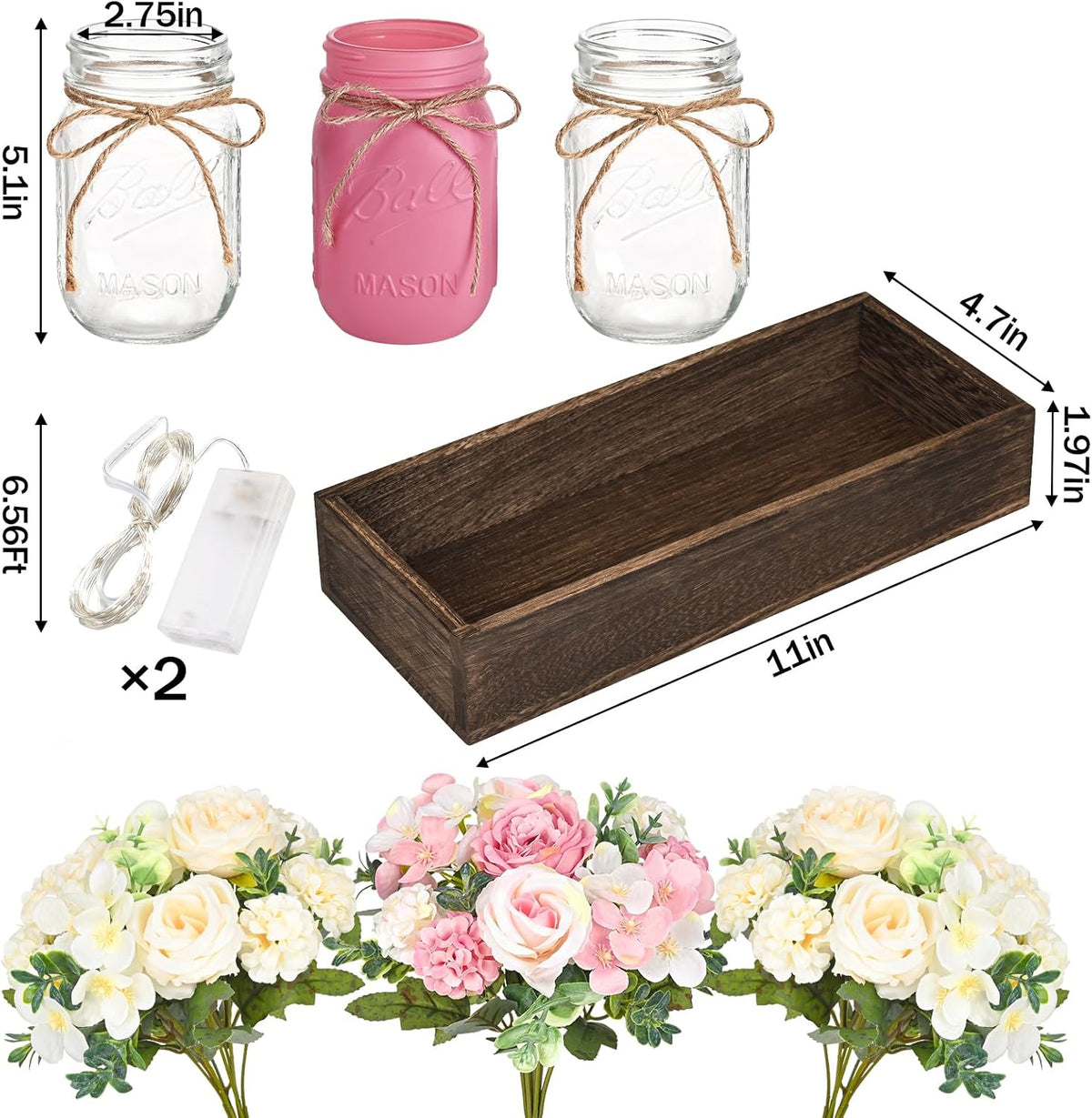 BLEUM CADE 3Pcs Mason Jar with Artificial Roses Flowers Wood Tray and Light