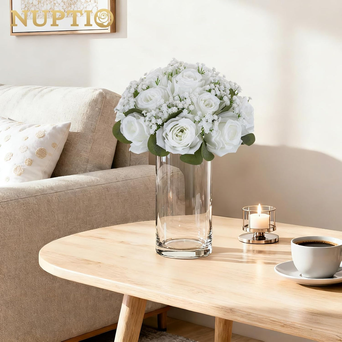 NUPTIO Flower Balls for Table Centerpieces: White Fake Flowers, 8.6 Inch