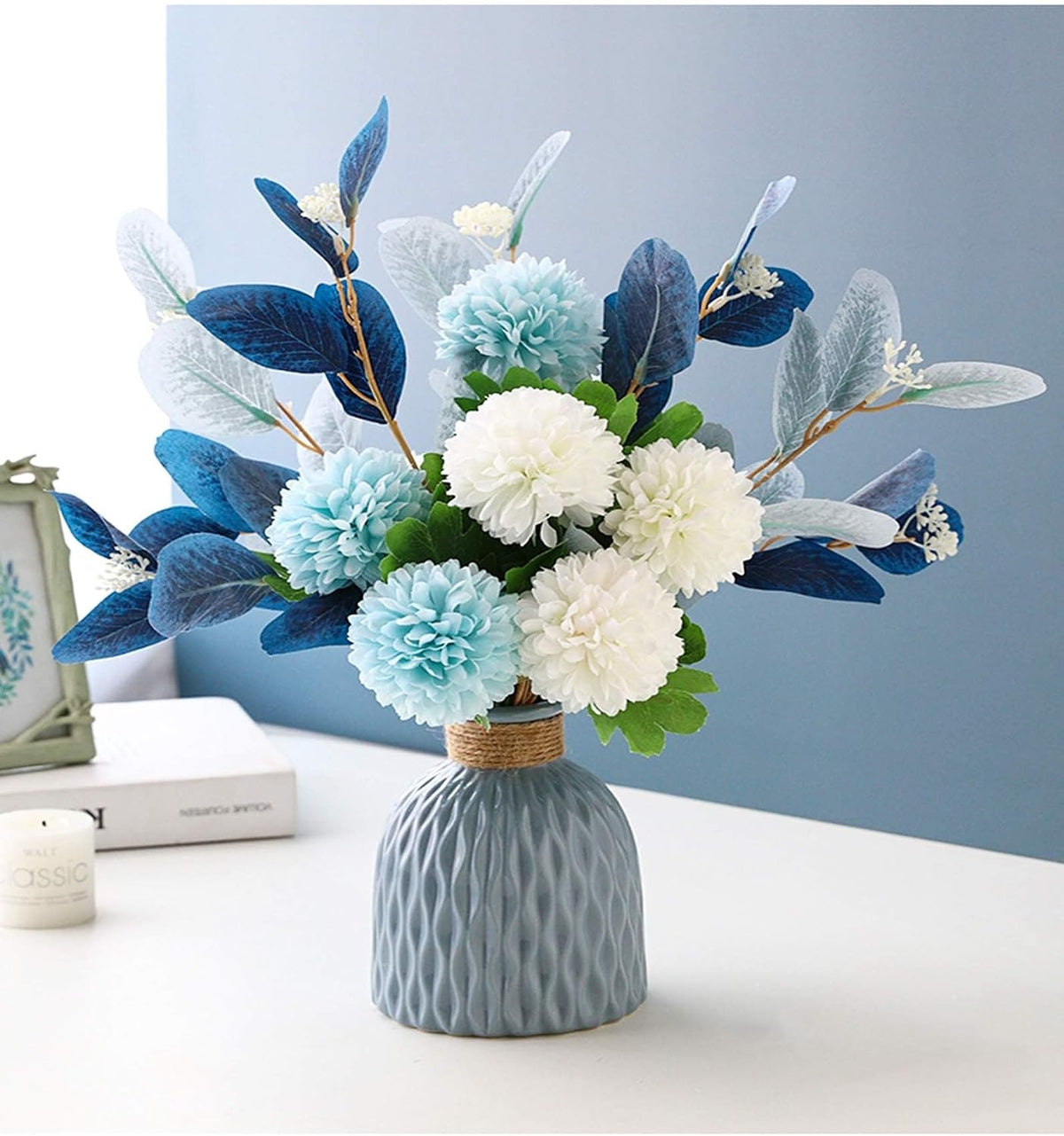 Artificial Flowers with Ceramic Vase Faux Hydrangea Flower Arrangements Table Centerpieces for Home Garden Party Wedding Decoration