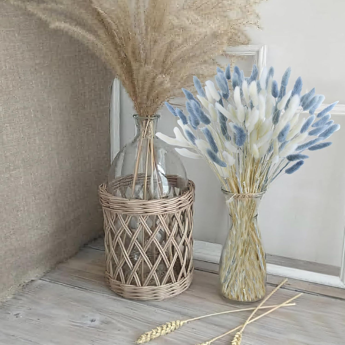 CISDUEO 120pcs Dried Bunny Tails Flowers Lagurus Ovatus Tail Dried Flowers Pampas Grass White and Gray Natural Dried Floral Arrangement for Boho Decor Home Wedding DIY Farmhouse Table Christmas (17")