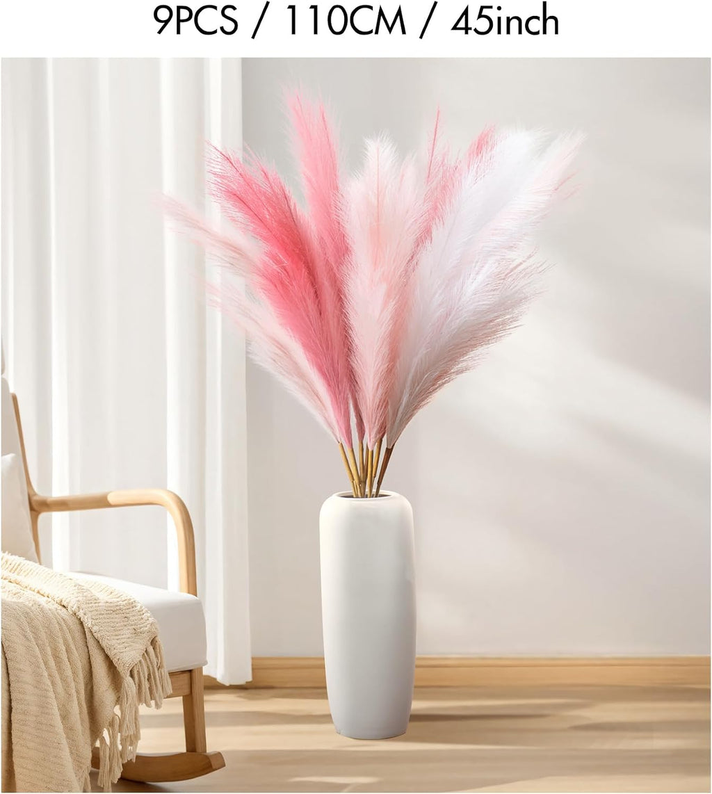 SeptCat 9 Pcs 45" Pampas Grass Tall Pink White Decor Faux Dried Fluffy Fake Long Light Pink Pompas Artificial Pompous Stems Bouquet Flower Vase Filler Home Wedding Room Wall Decoration
