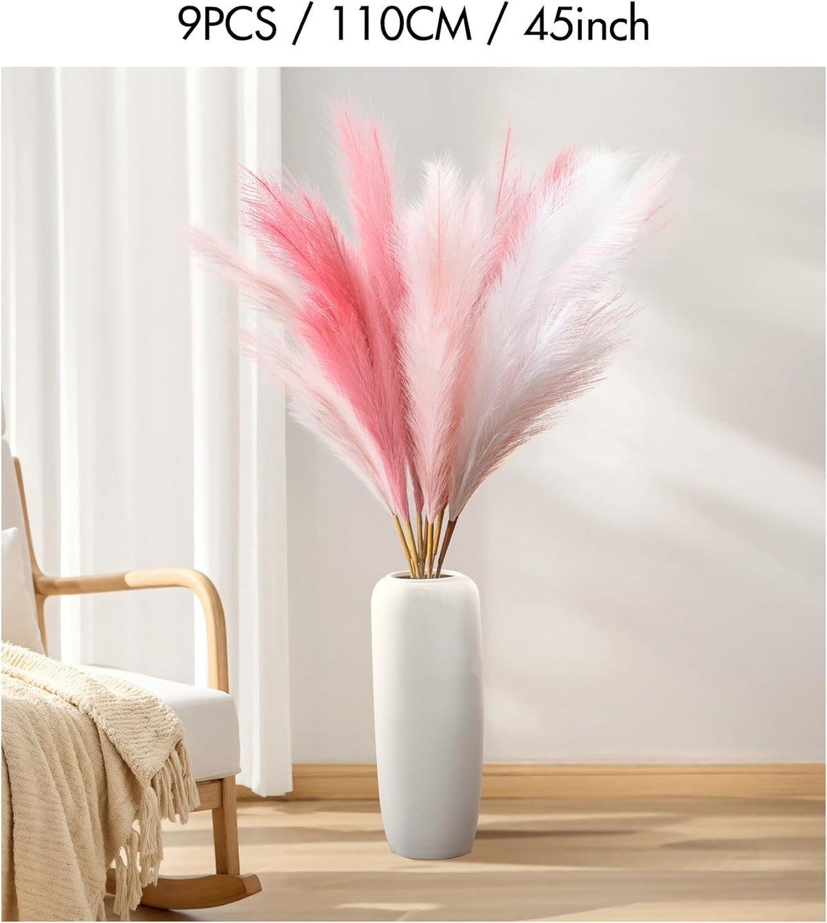 SeptCat 9 Pcs 45" Pampas Grass Tall Pink White Decor Faux Dried Fluffy Fake Long Light Pink Pompas Artificial Pompous Stems Bouquet Flower Vase Filler Home Wedding Room Wall Decoration