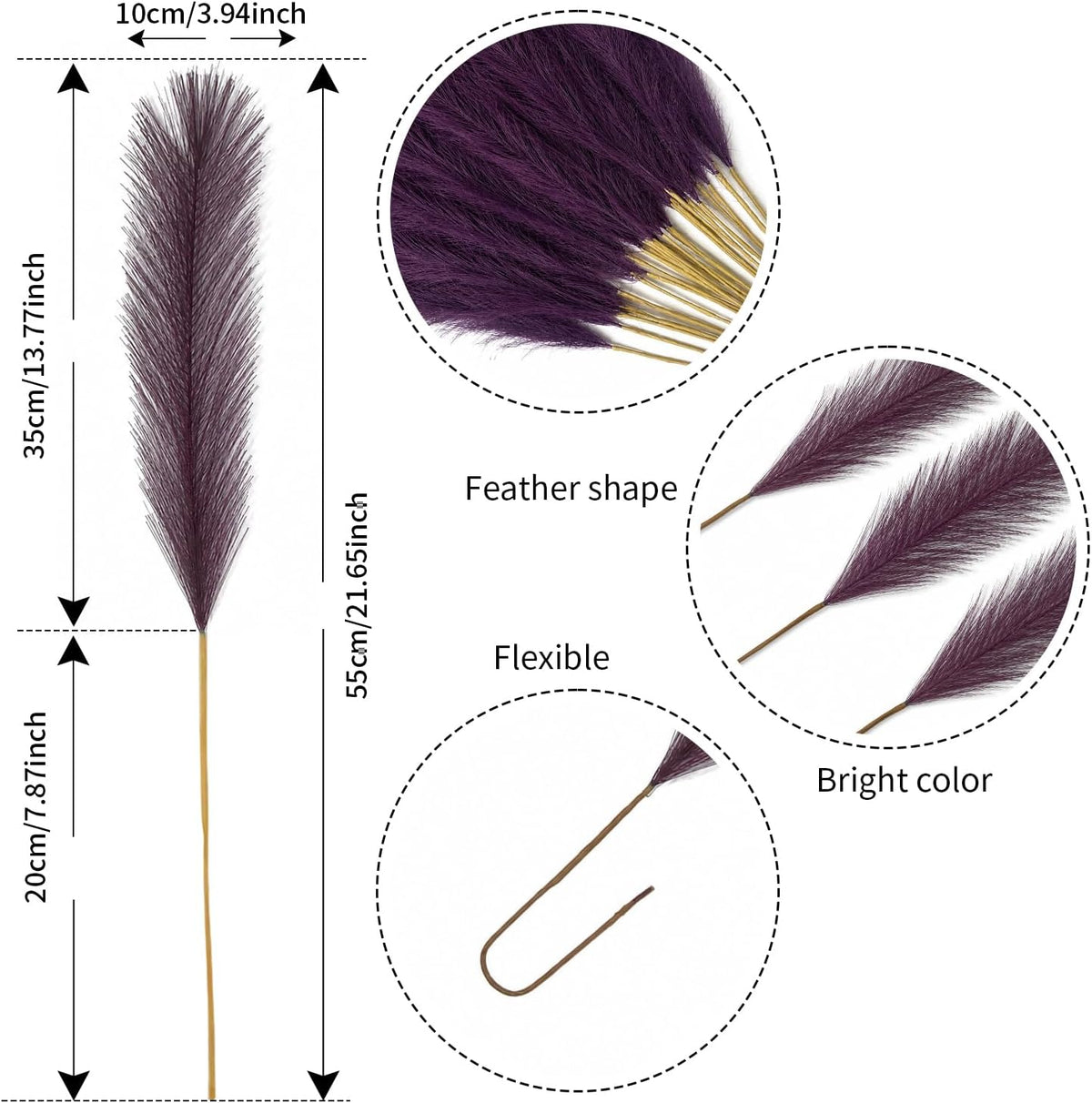 30 Pcs Pampas Grass Stems 21.7 Inches Fake Pampas Grass Artificial Flower Vase Filler for Boho Home Wedding Living Room Bathroom Wall Party Decor (Purple)