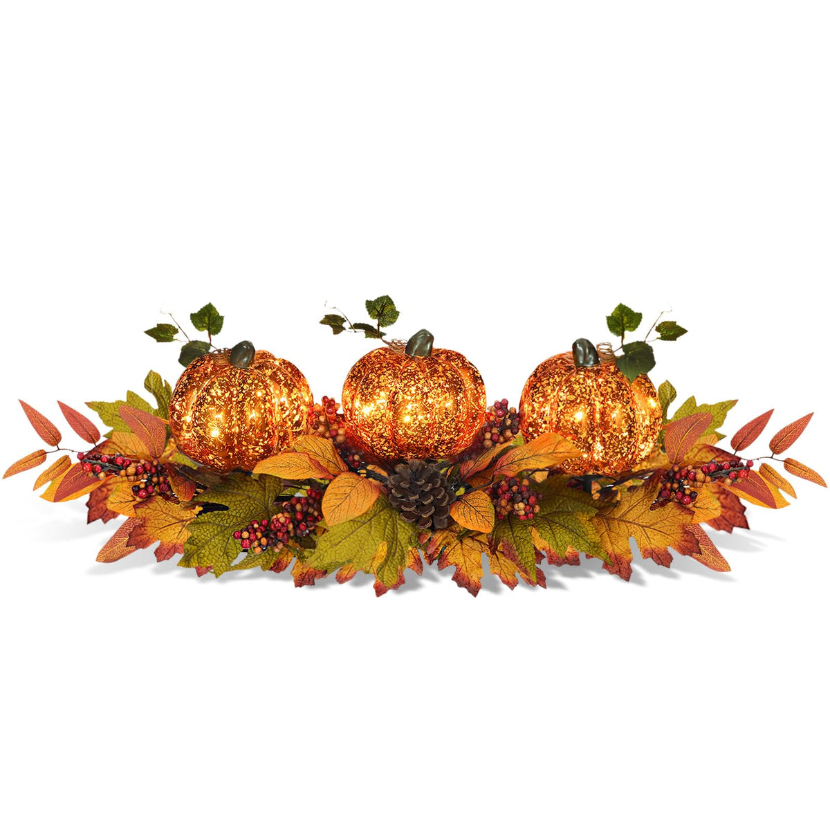 Fall Centerpiece Table Decorations, 27.5'' L Assorted Artificial Pumpkins, Berries, Maple Leaves and Pine Cones, Harvest Table Candle Holder for Dinning Table, Fireplace Mantel (Candle Not Included)