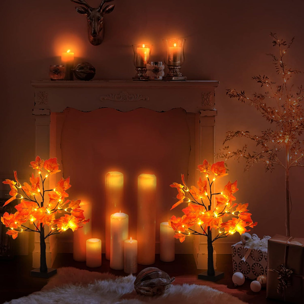 2 Pack Lighted Maple Tree 20 Inch 48LED Fall Artificial Tree for Thanksgiving Harvest Indoor Decoration