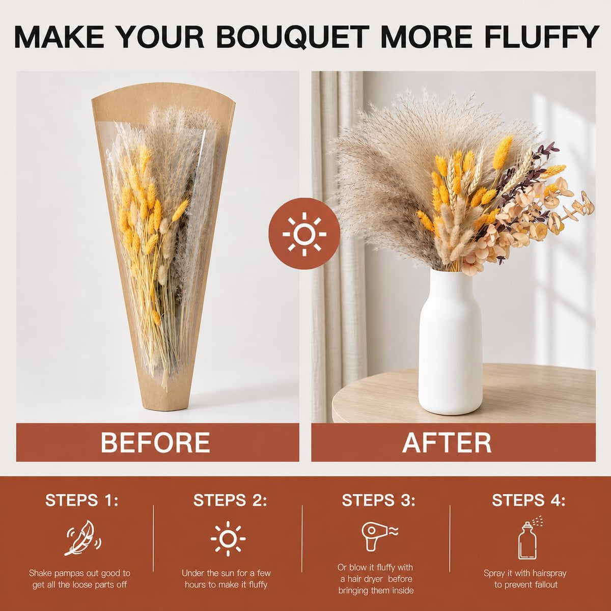 Orange Pampas Grass Dried Flower Bouquet (95 Pcs, 17") - Fluffy Boho Fall Decorations for Home, Autumn Floral Table Centerpiece for Thanksgiving & Room Decor
