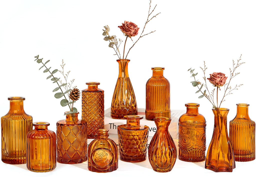 UPBUD Amber Gold Glass Bud Vases Set of 12, Small Vases for Flowers