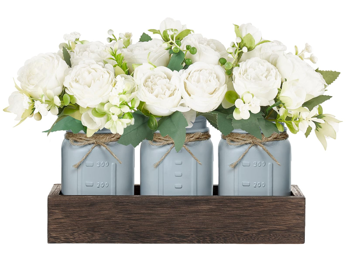 Mkono Mason Jar Centerpiece with Wood Tray Farmhouse Coffee Table Decor